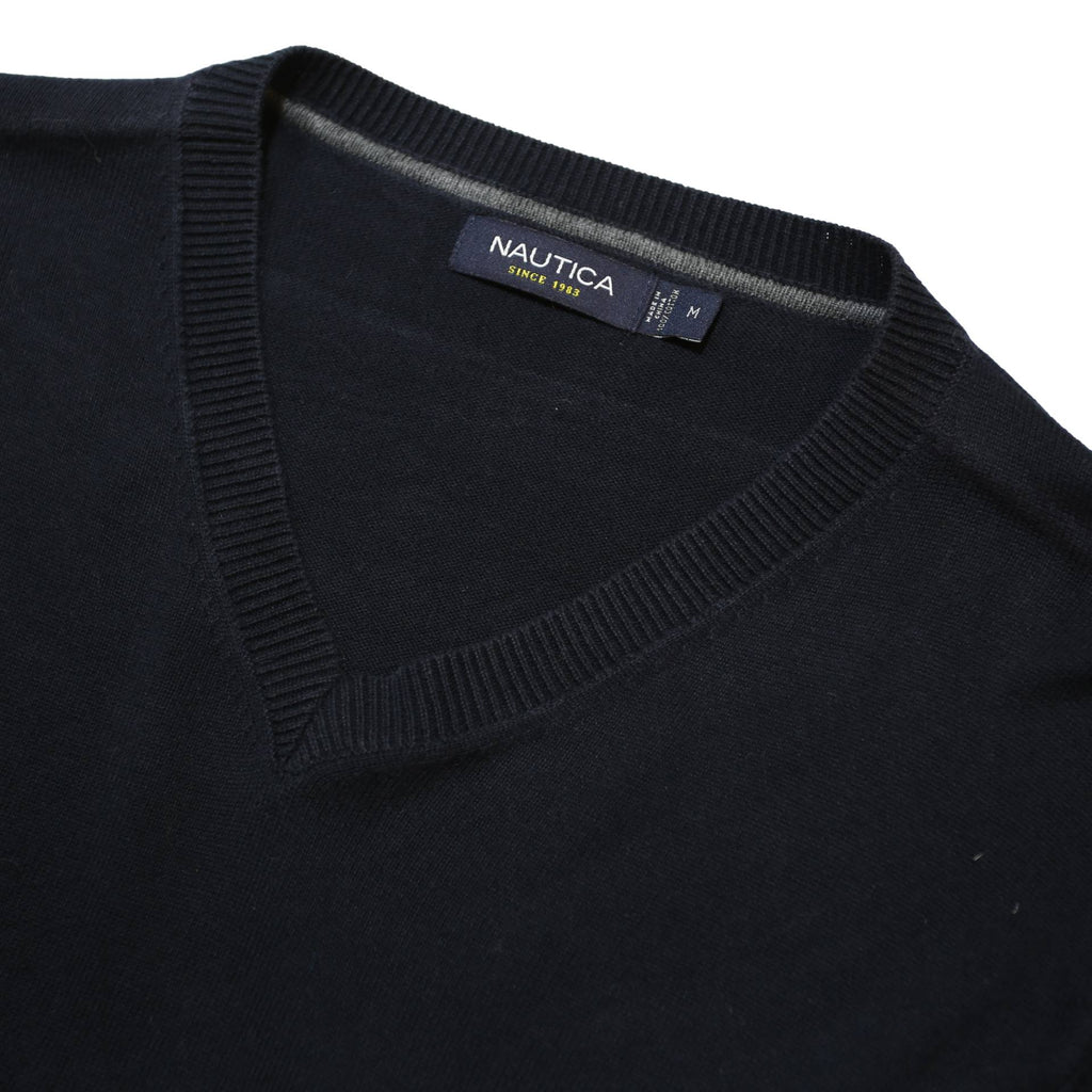 NAUTICA Mens Black Plain V-Neck Basic Knit Jumper M Cotton Comfortable Casual