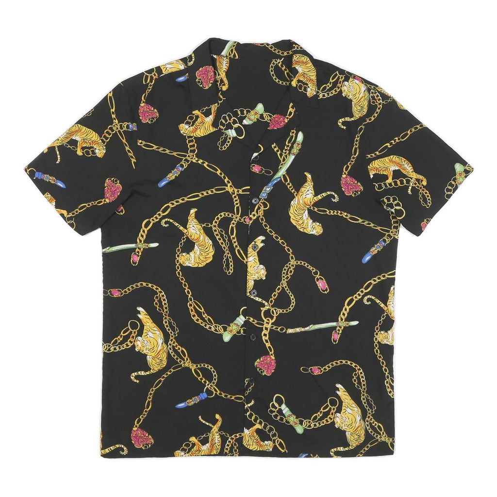 Mens Black Shirt With Gold Chain And Tiger Print M Polyester Blend Summer Shirt