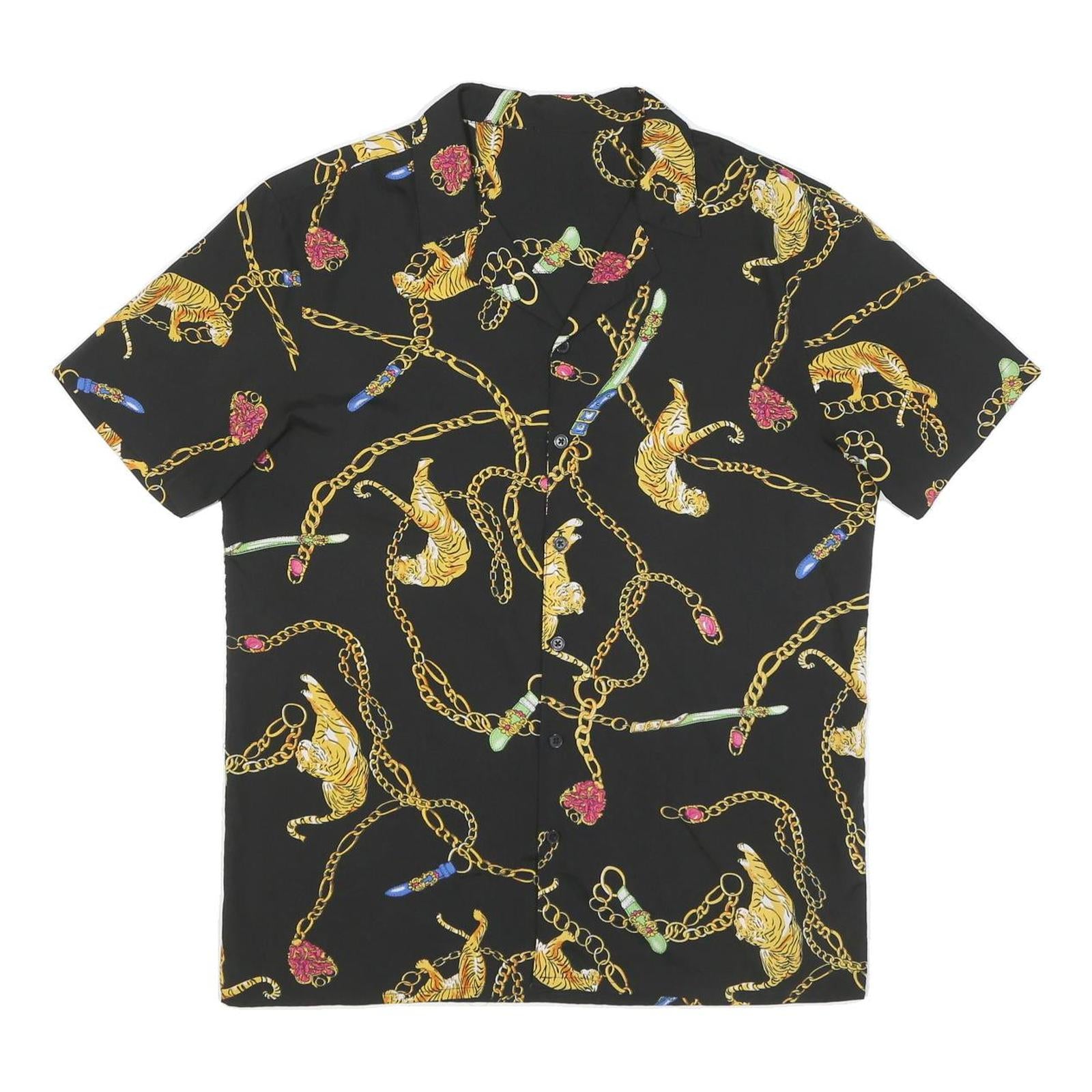 Mens Black Shirt With Gold Chain And Tiger Print M Polyester Blend Summer Shirt