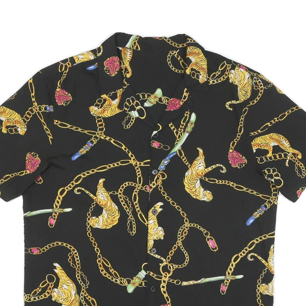 Mens Black Shirt With Gold Chain And Tiger Print M Polyester Blend Summer Shirt