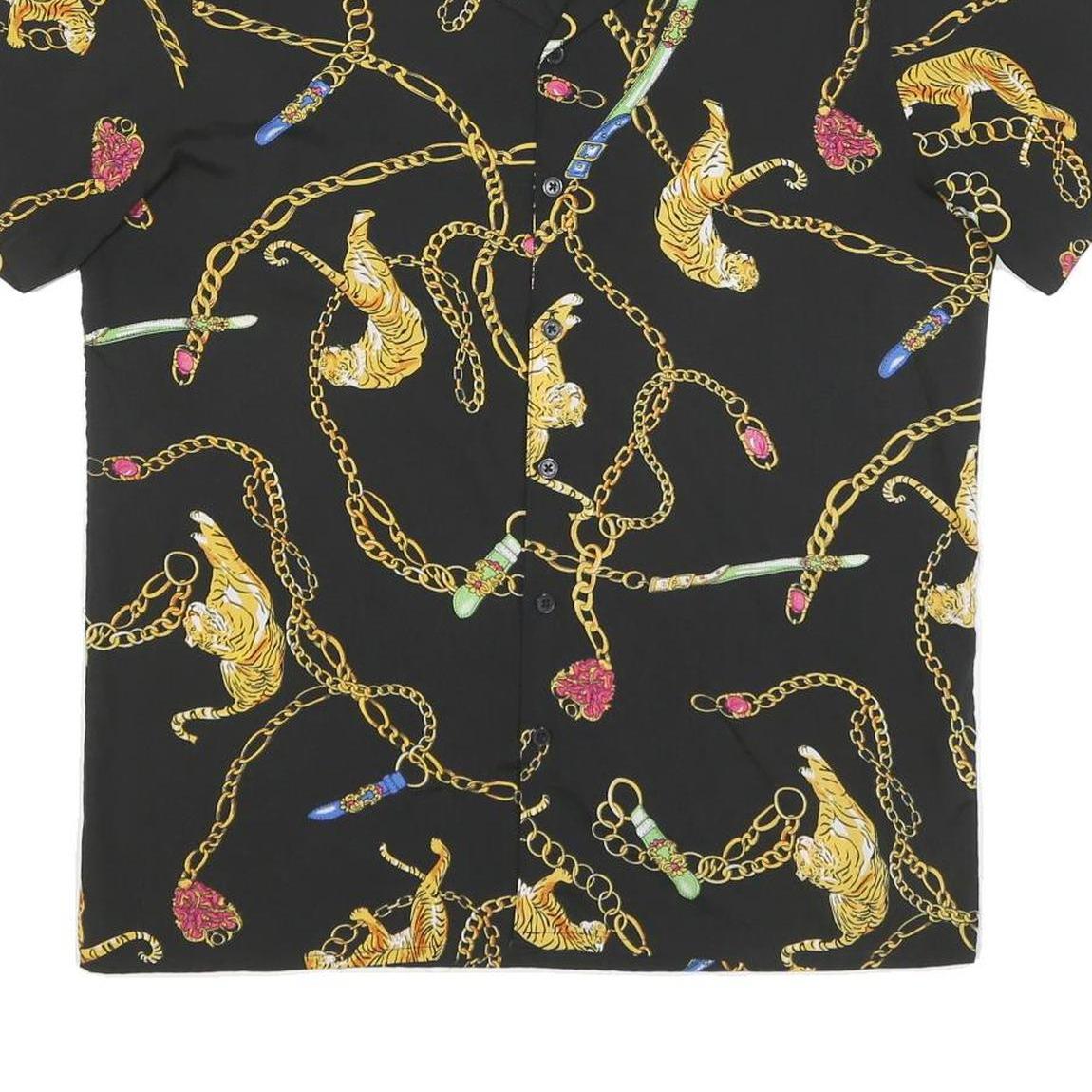 Mens Black Shirt With Gold Chain And Tiger Print M Polyester Blend Summer Shirt