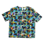 HERITAGE ROAD Womens Blue Green & Black Abstract Printed Top Short Sleeve Round