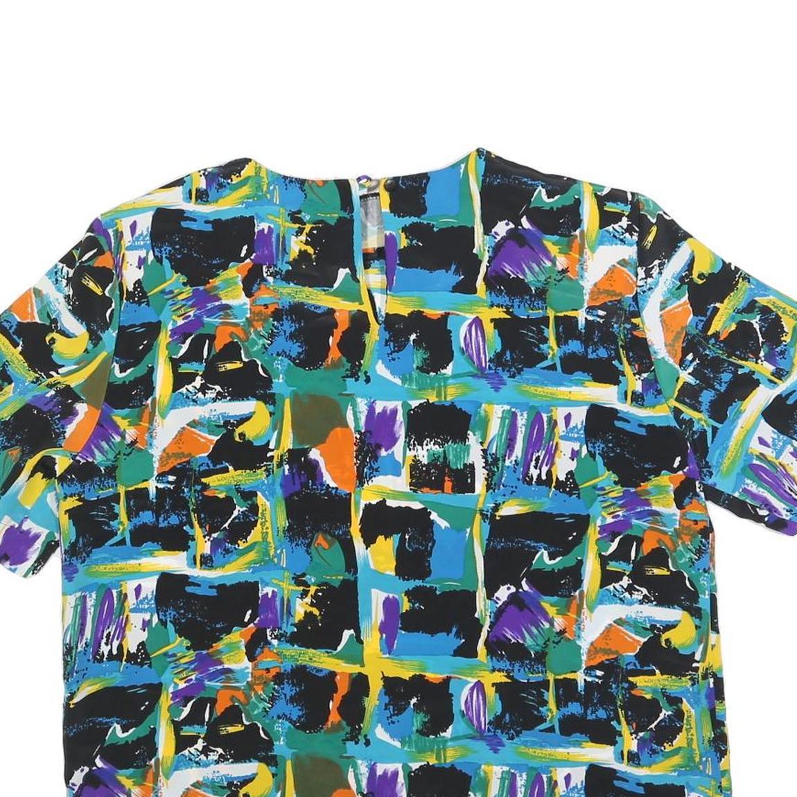 HERITAGE ROAD Womens Blue Green & Black Abstract Printed Top Short Sleeve Round