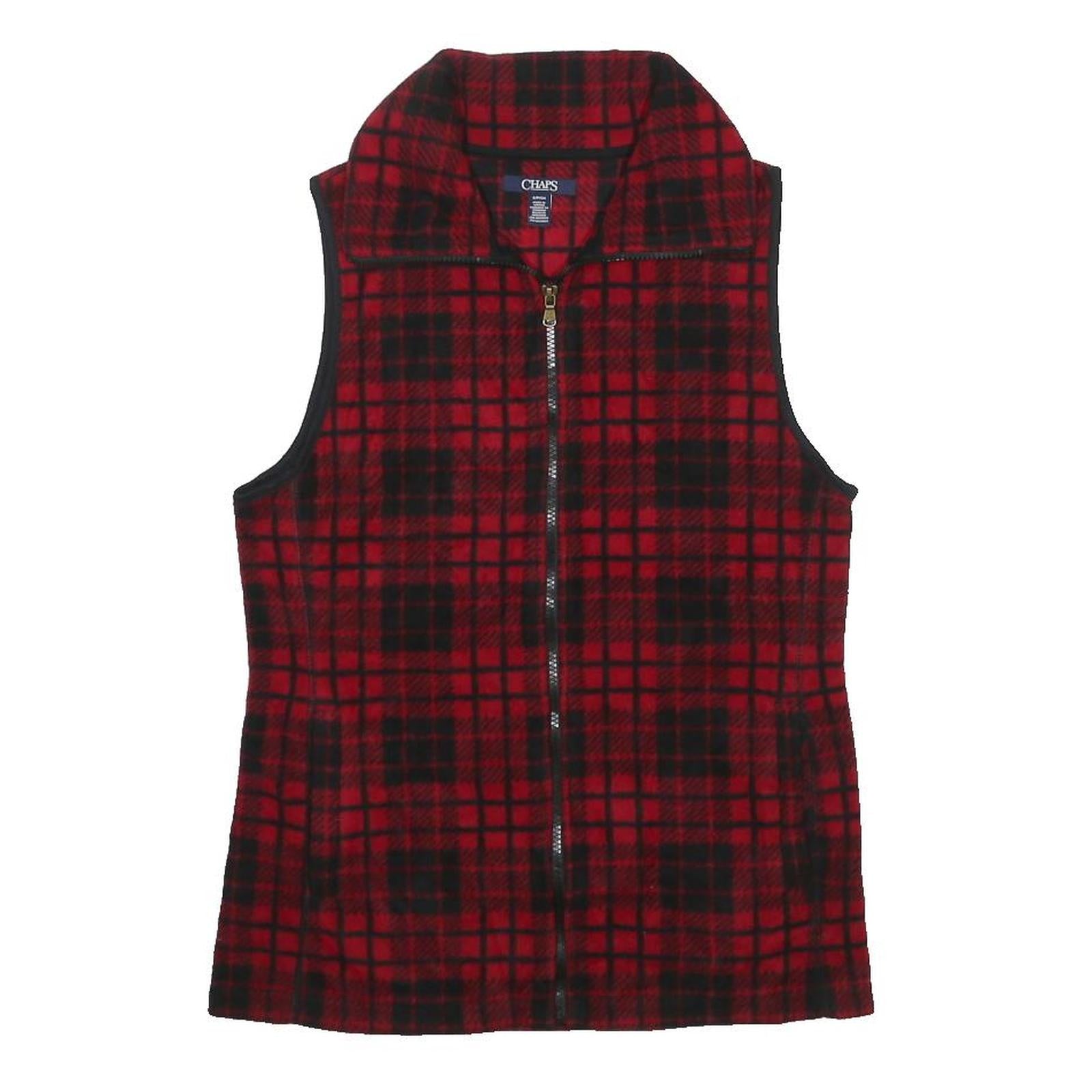 CHAPS Womens Red & Black Check Zip Jacket S Polyester Fleece Sleeveless Casual