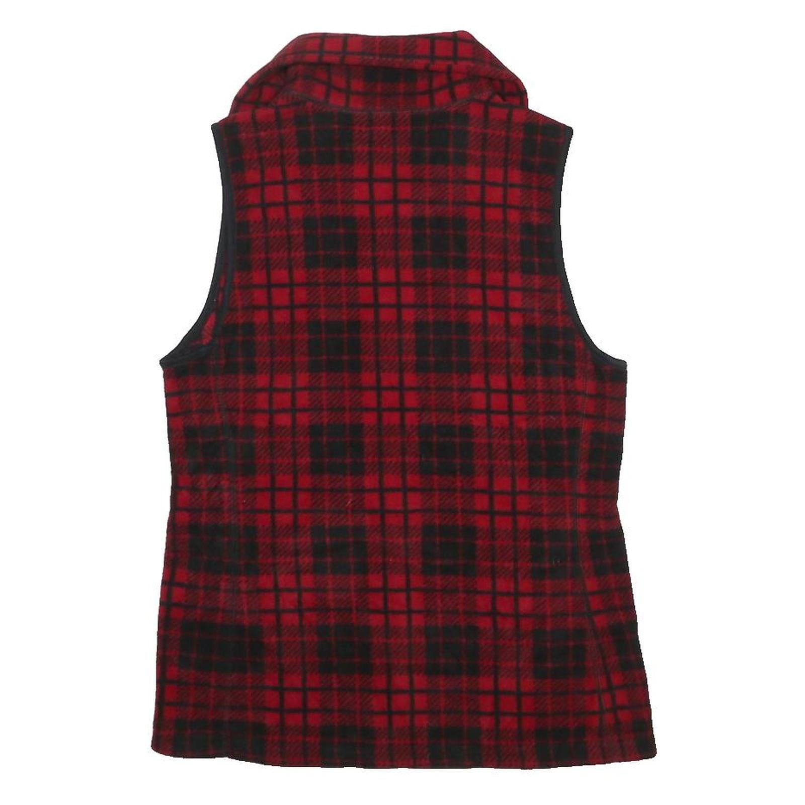 CHAPS Womens Red & Black Check Zip Jacket S Polyester Fleece Sleeveless Casual