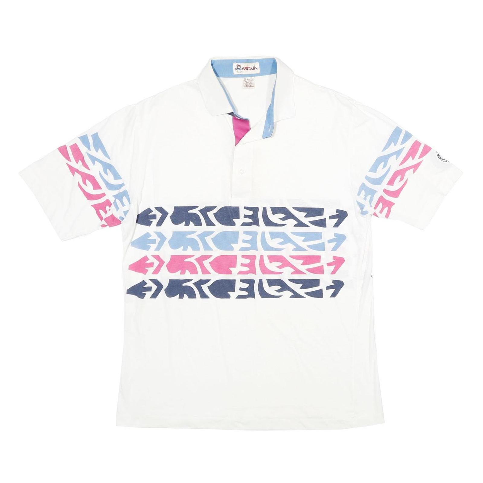 ANTIGUA Mens White Blue & Pink Abstract Print Short Sleeve Polo Shirt L Cotton