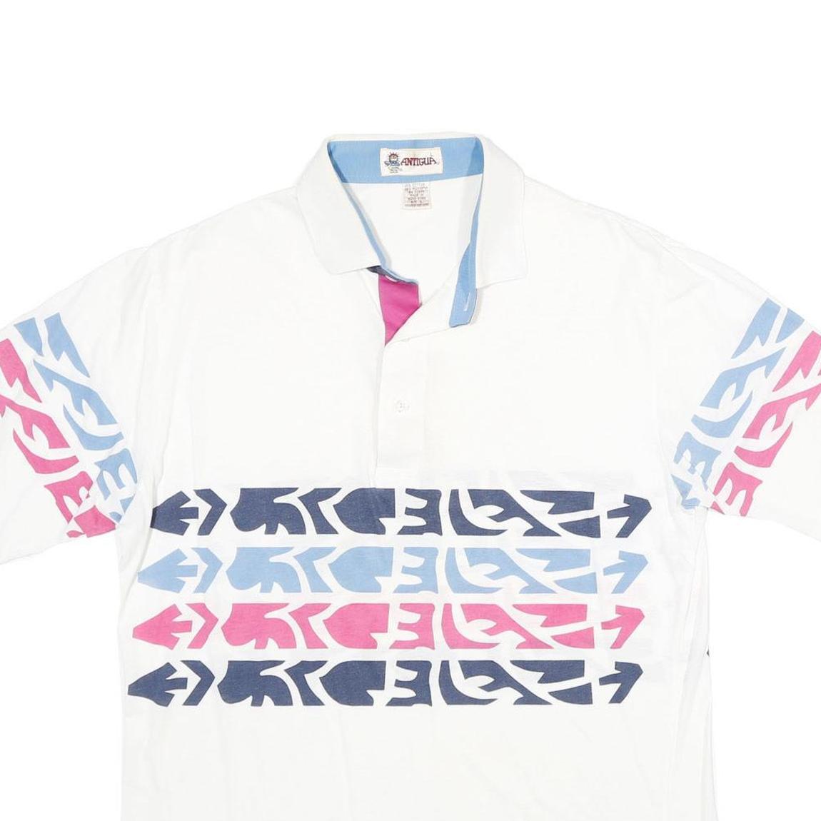 ANTIGUA Mens White Blue & Pink Abstract Print Short Sleeve Polo Shirt L Cotton