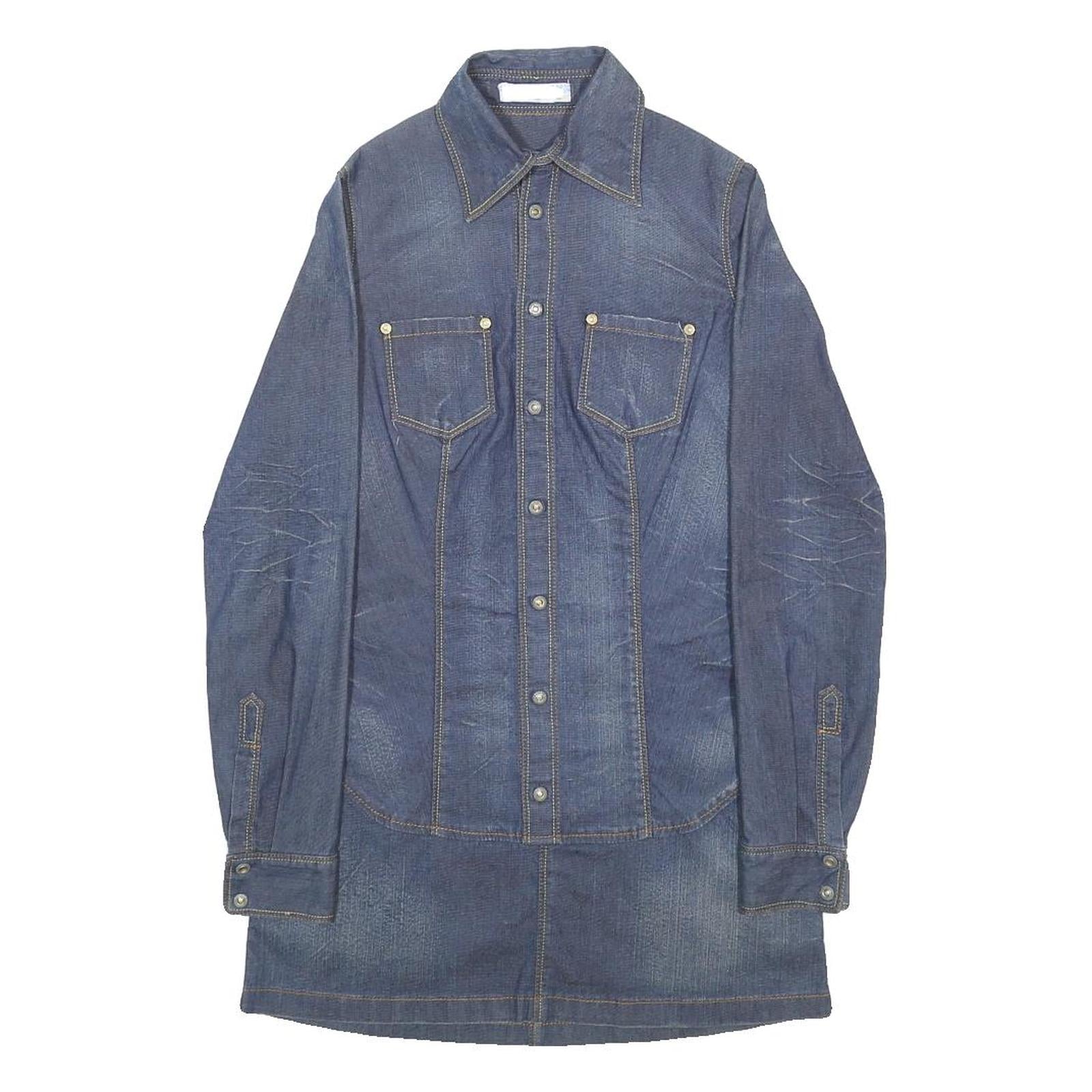 PRIMO EMPORIO Womens Blue Denim Shirt Dress Cotton Blend Long Sleeve S Casual