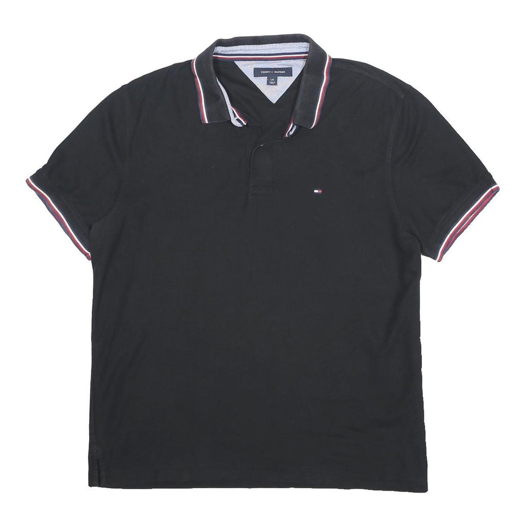 TOMMY HILFIGER Mens Black Short Sleeve Plain Polo Shirt L Classic Fit Contrast