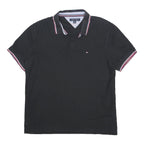 TOMMY HILFIGER Mens Black Short Sleeve Plain Polo Shirt L Classic Fit Contrast