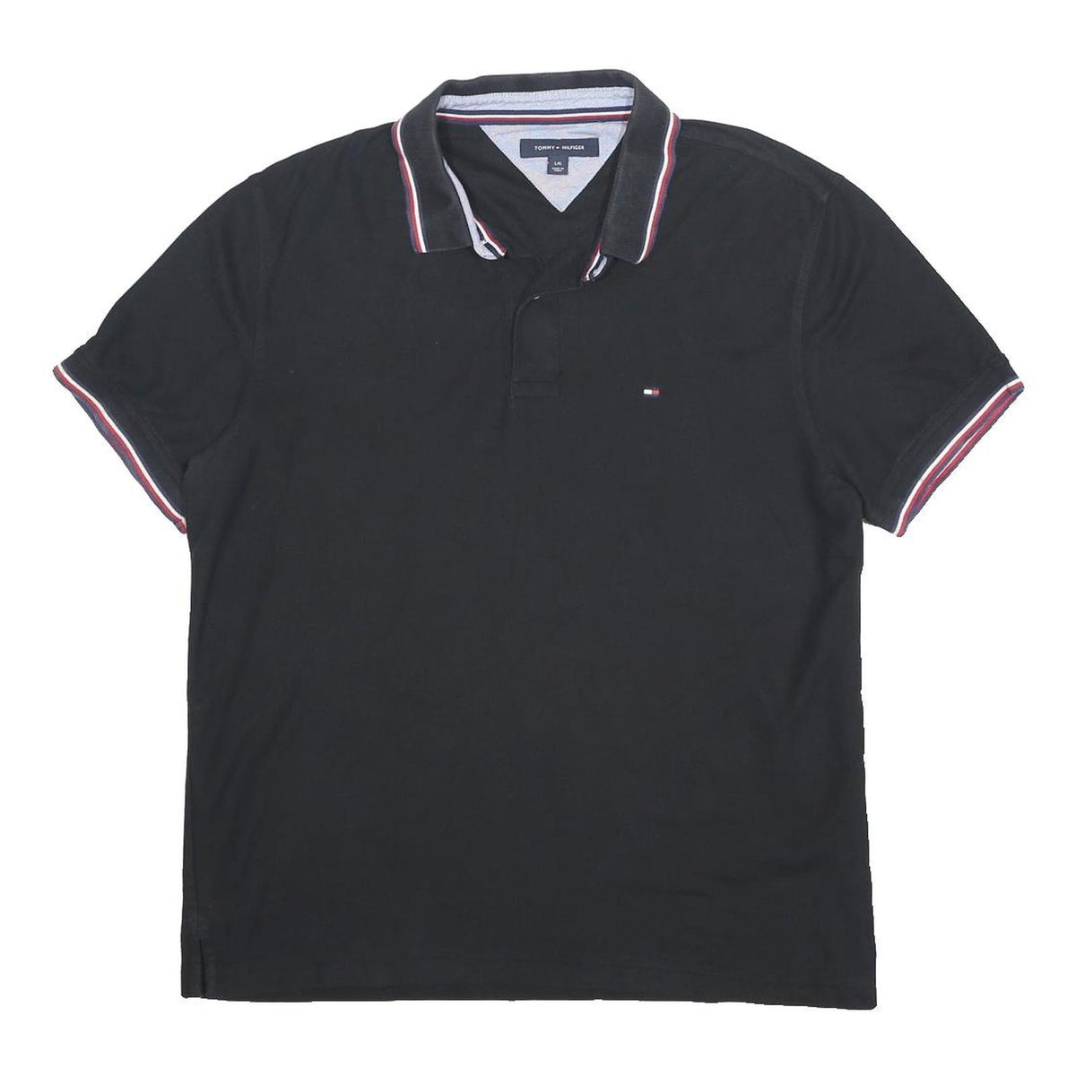 TOMMY HILFIGER Mens Black Short Sleeve Plain Polo Shirt L Classic Fit Contrast