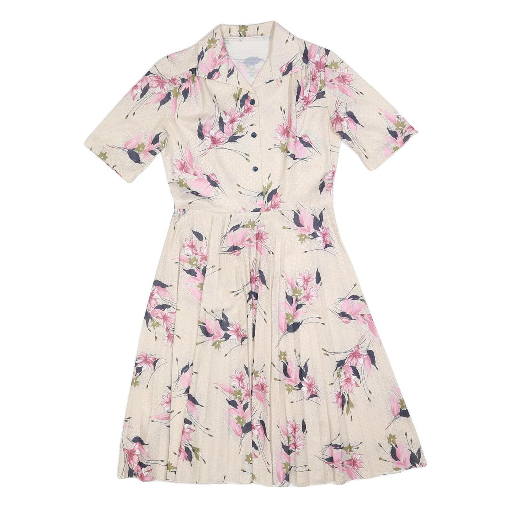 Womens Cream & Pink Floral Day Dress Polyester Blend Short Sleeve Midi Size M
