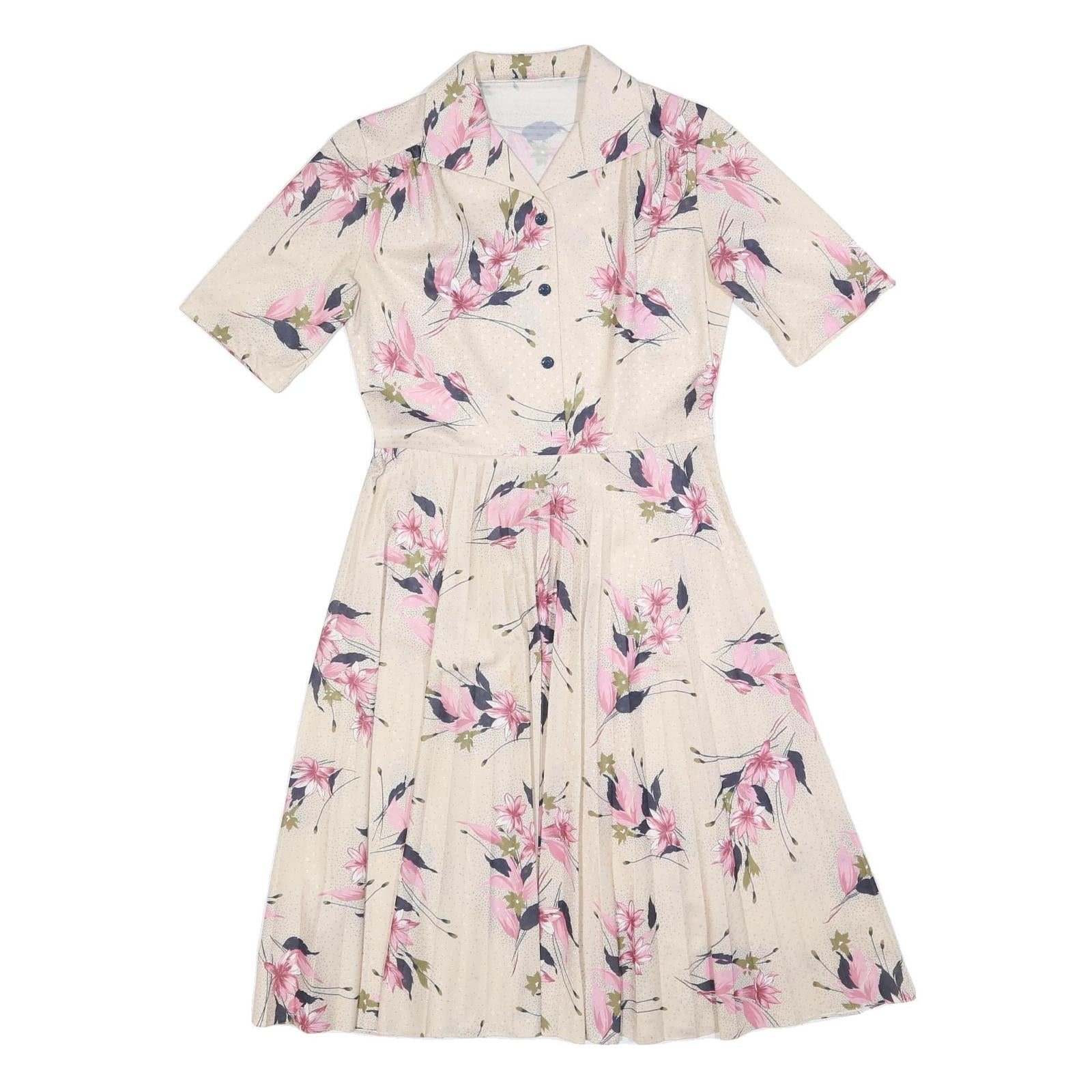 Womens Cream & Pink Floral Day Dress Polyester Blend Short Sleeve Midi Size M