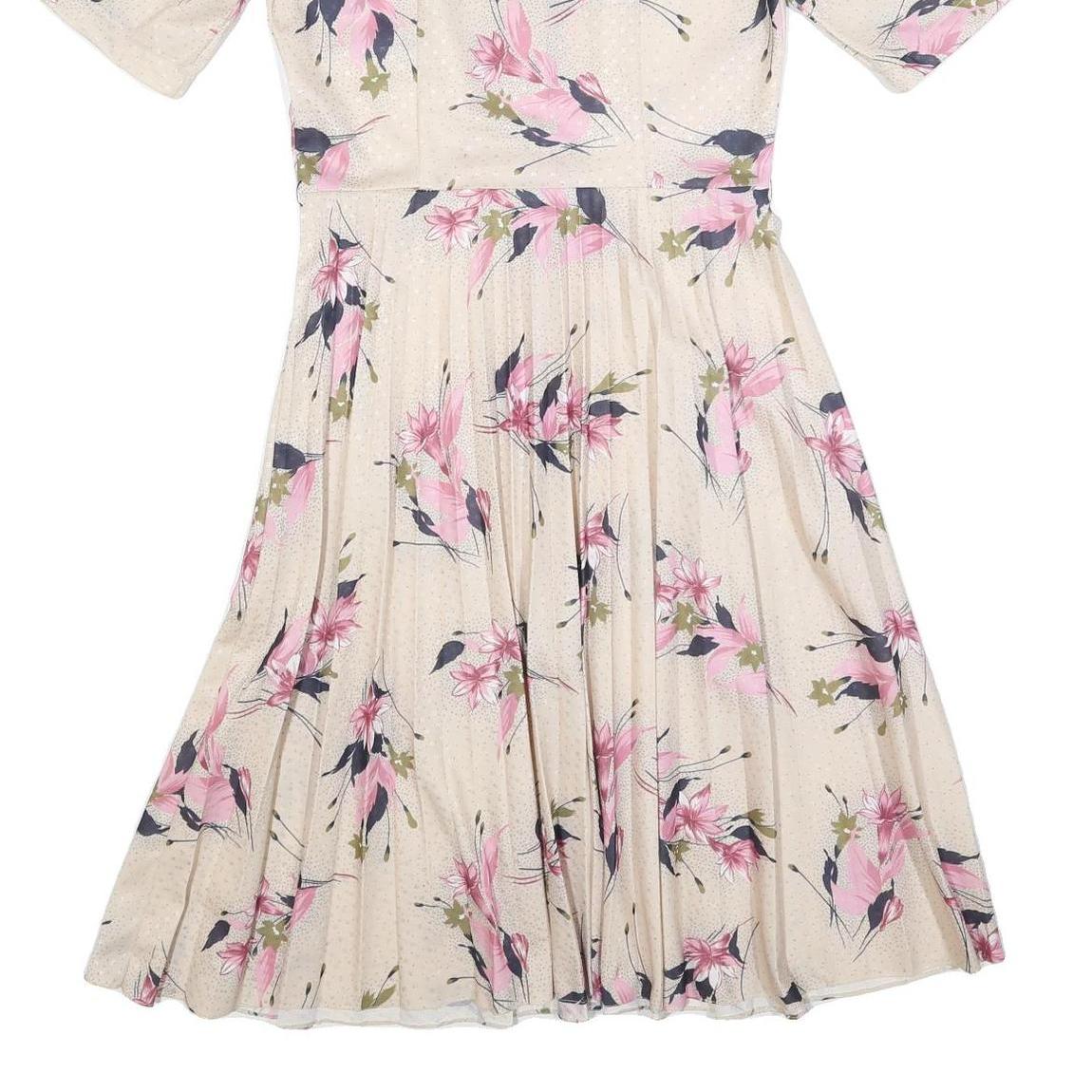 Womens Cream & Pink Floral Day Dress Polyester Blend Short Sleeve Midi Size M