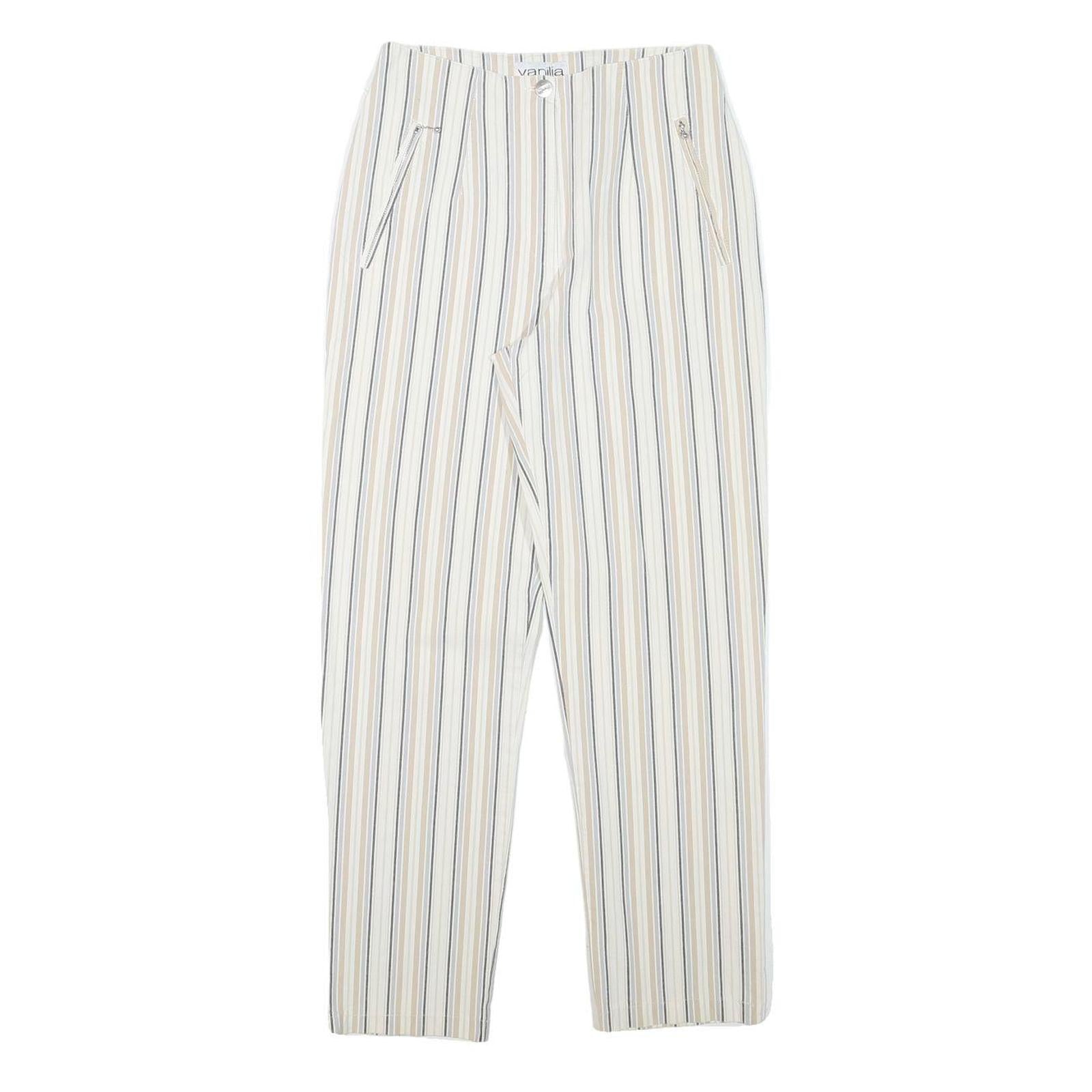 VANILLA Womens Cotton Blend White & Beige Stripe Regular Fit Straight Leg