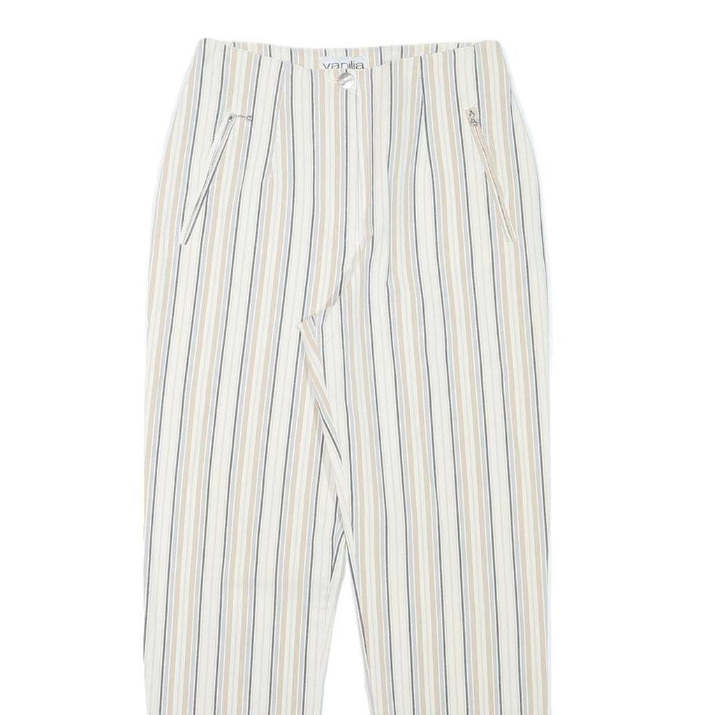 VANILLA Womens Cotton Blend White & Beige Stripe Regular Fit Straight Leg