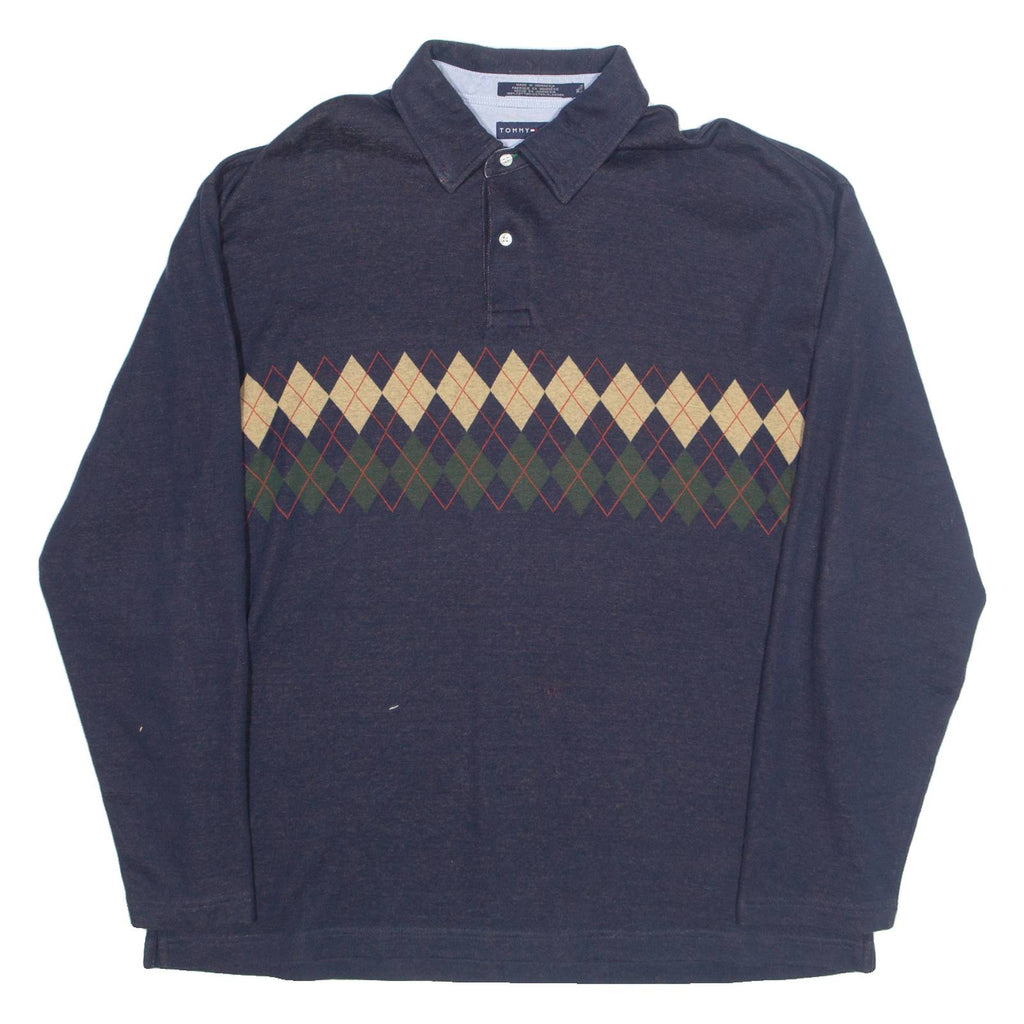 TOMMY HILFIGER Mens Polo Shirt Blue 90s Argyle Long Sleeve XL