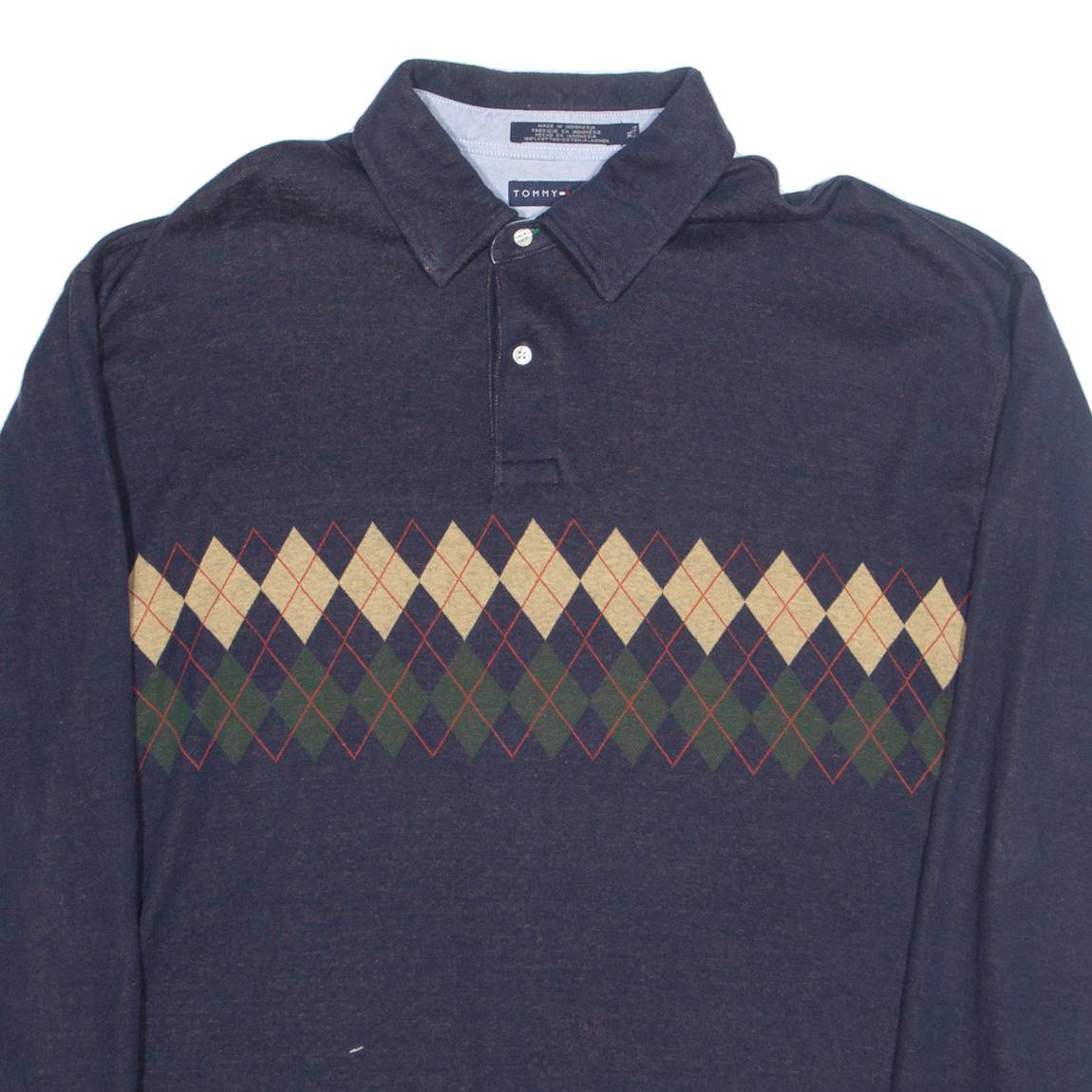 TOMMY HILFIGER Mens Polo Shirt Blue 90s Argyle Long Sleeve XL