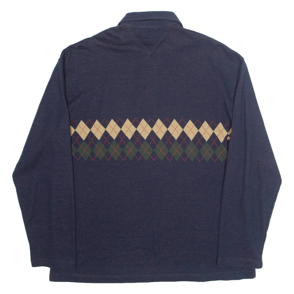 TOMMY HILFIGER Mens Polo Shirt Blue 90s Argyle Long Sleeve XL