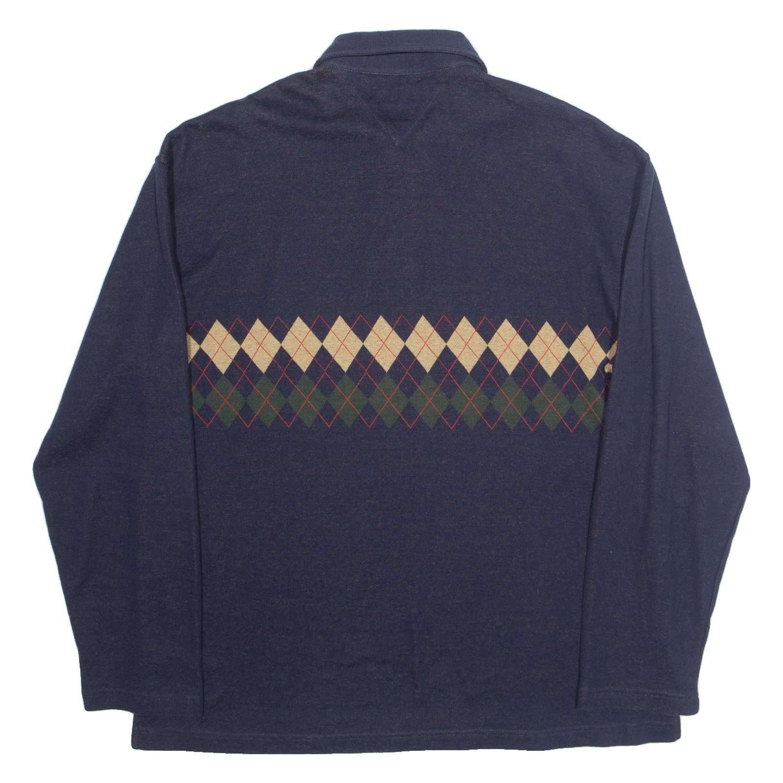TOMMY HILFIGER Mens Polo Shirt Blue 90s Argyle Long Sleeve XL