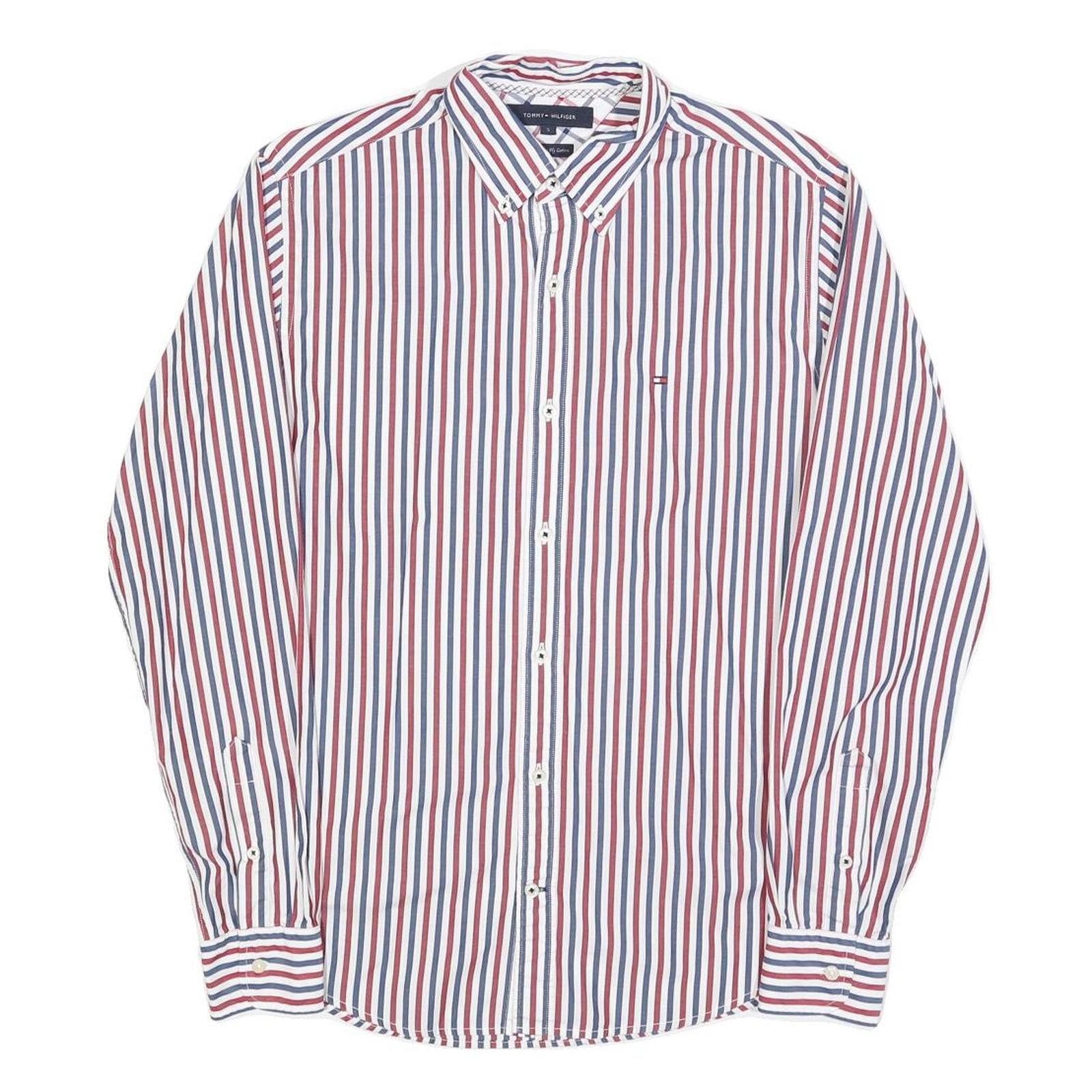 TOMMY HILFIGER Mens White & Red & Navy Striped Shirt S Button Down Cotton Blend