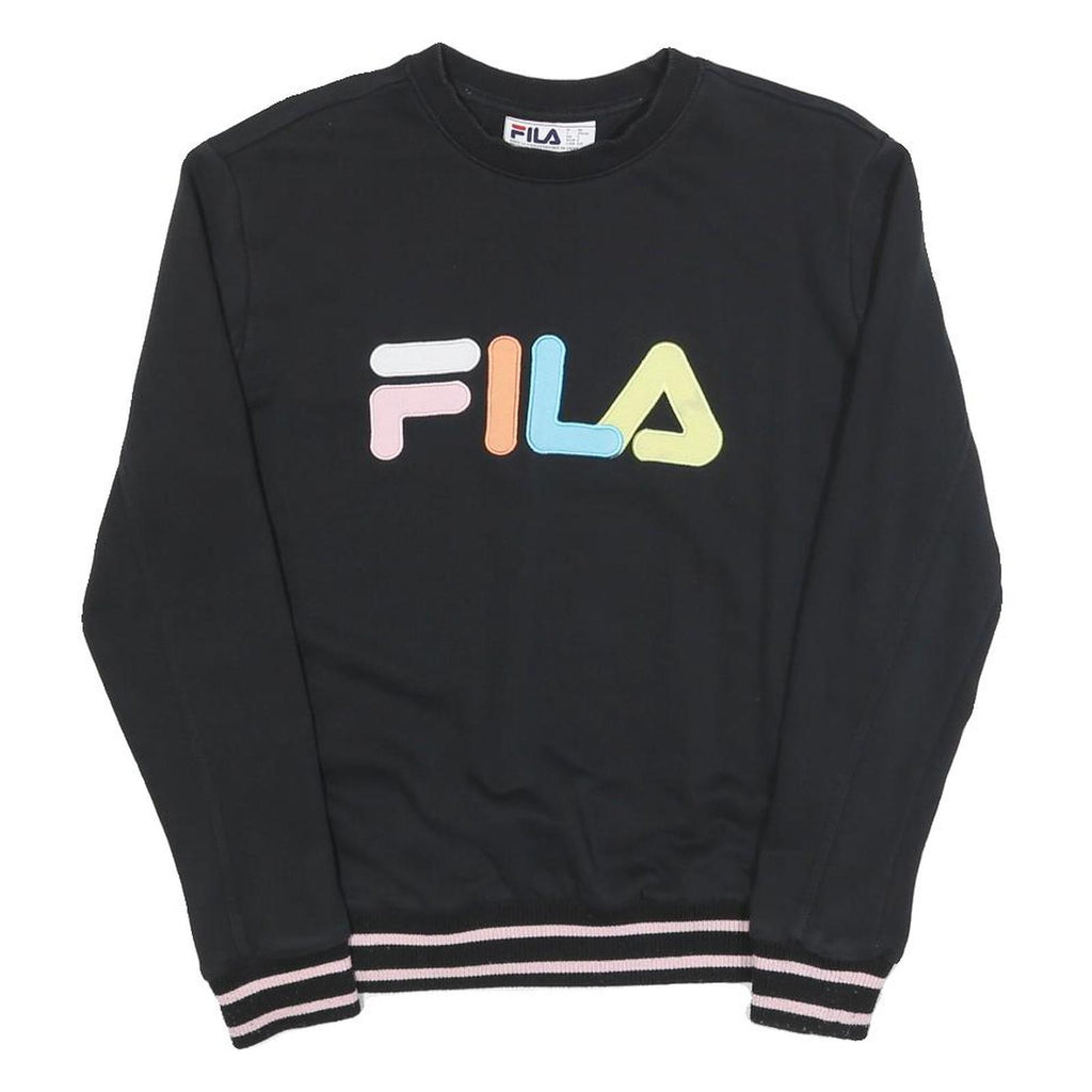 FILA Womens Black Colourblock Crew Neck S Sweatshirt Casual Logo Striped Cuffs