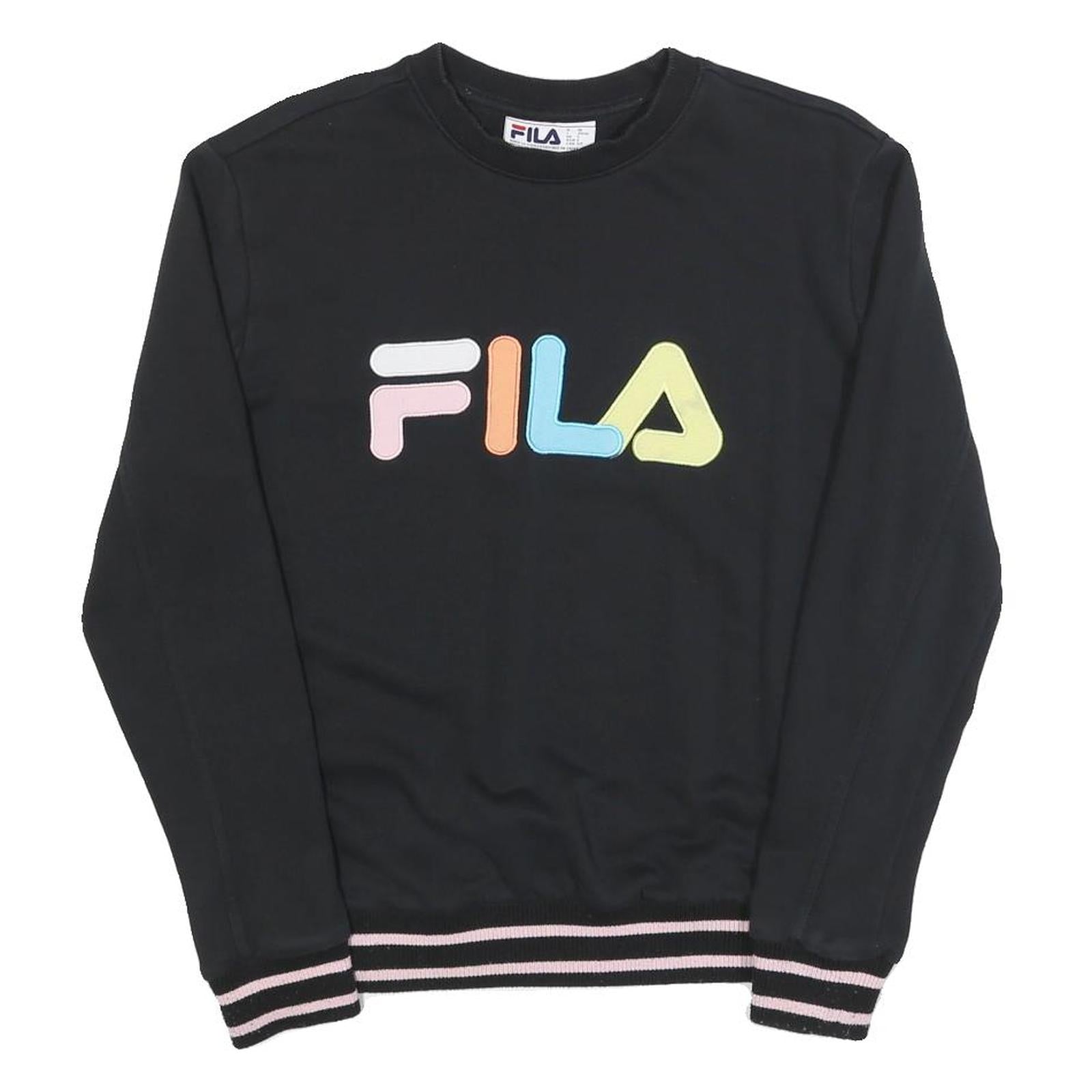 FILA Womens Black Colourblock Crew Neck S Sweatshirt Casual Logo Striped Cuffs