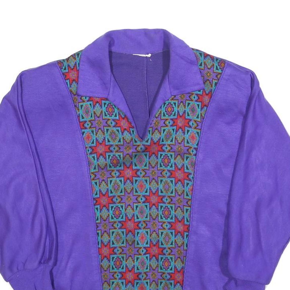 Womens Purple Sweatshirt Pullover S Patterned Panel Collar Retro Style Casual