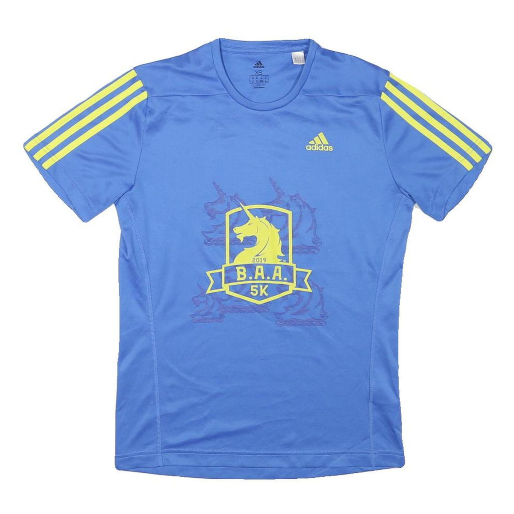 ADIDAS Mens Blue & Yellow B.A.A. 5K Graphic T-Shirt XS Short Sleeve Crew Neck