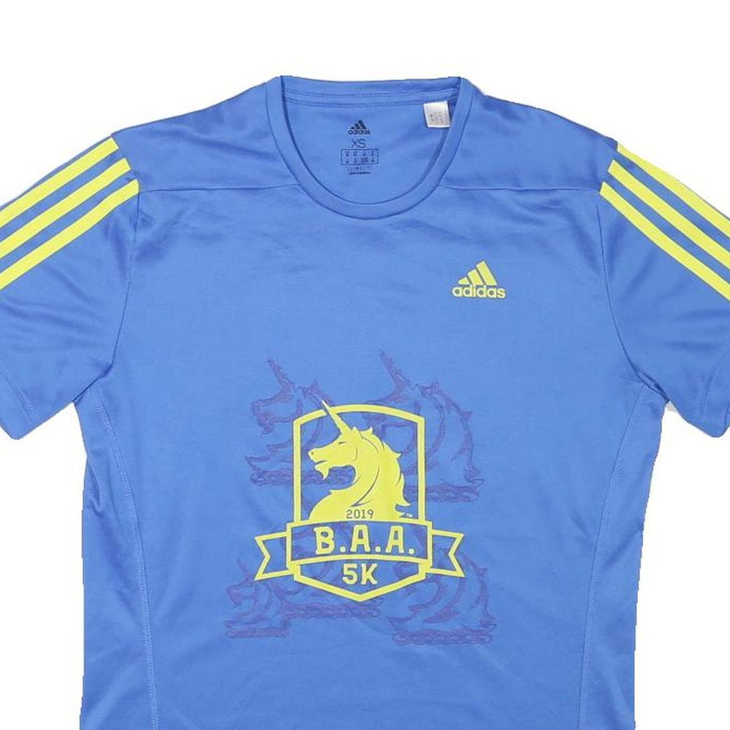 ADIDAS Mens Blue & Yellow B.A.A. 5K Graphic T-Shirt XS Short Sleeve Crew Neck