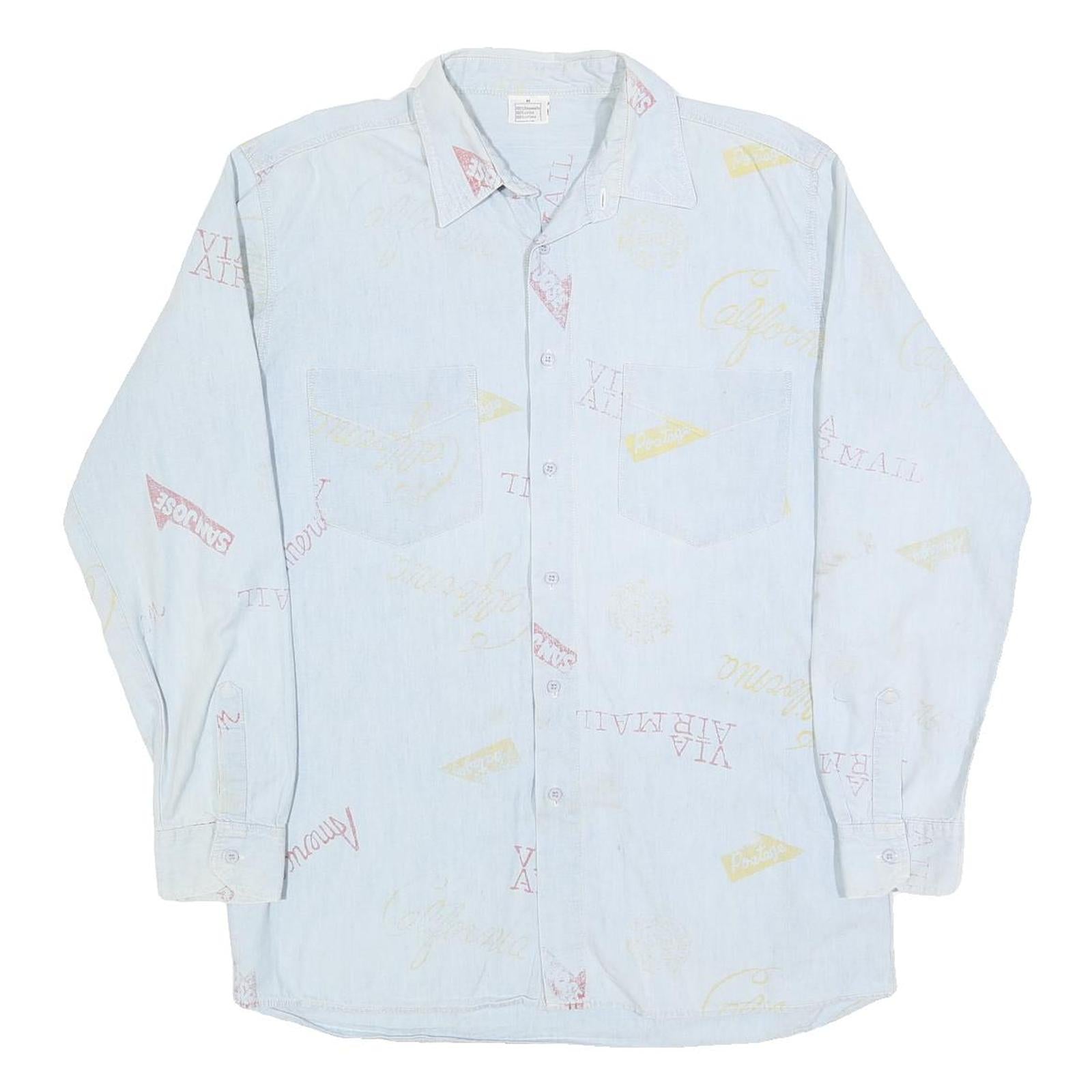 Mens Light Blue Cotton Blend Pattern Shirt M Casual Button-Up Long Sleeve