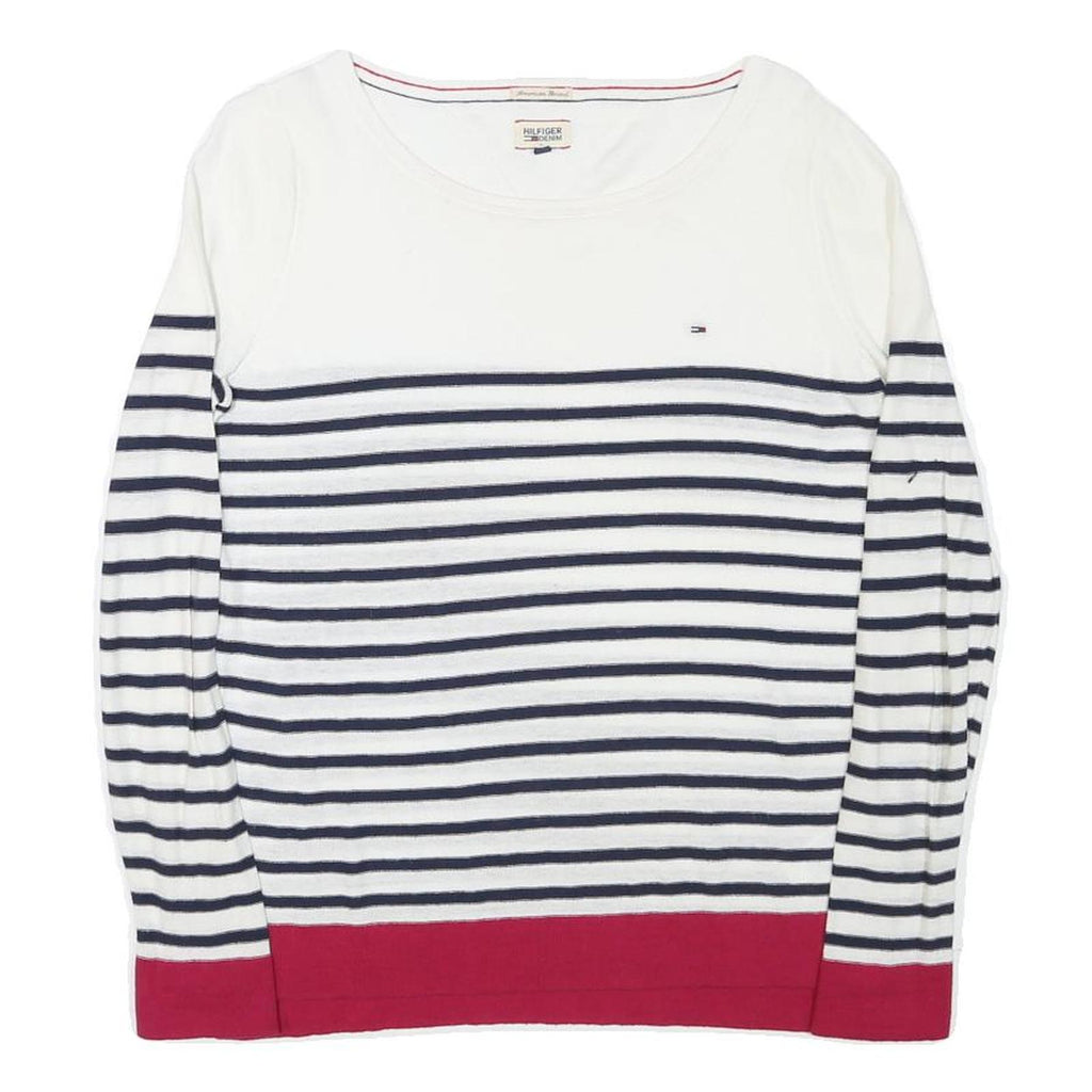 TOMMY HILFIGER Womens White & Navy Striped Plain Cotton Blend Jumper S Casual