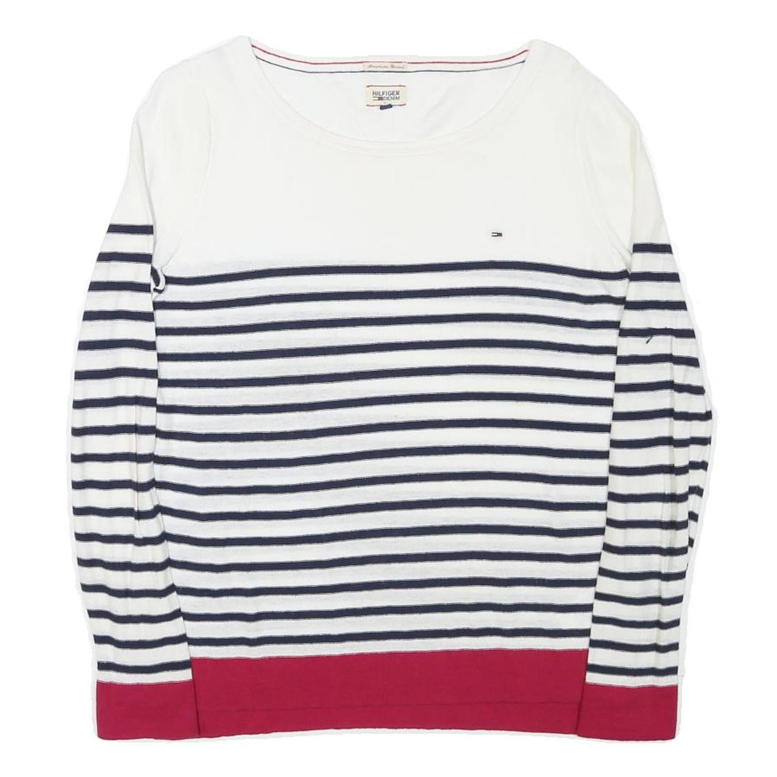 TOMMY HILFIGER Womens White & Navy Striped Plain Cotton Blend Jumper S Casual
