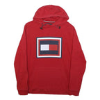 TOMMY HILFIGER Mens Red Cotton Blend Hoodie L Logo Patch Pullover Sweatshirt
