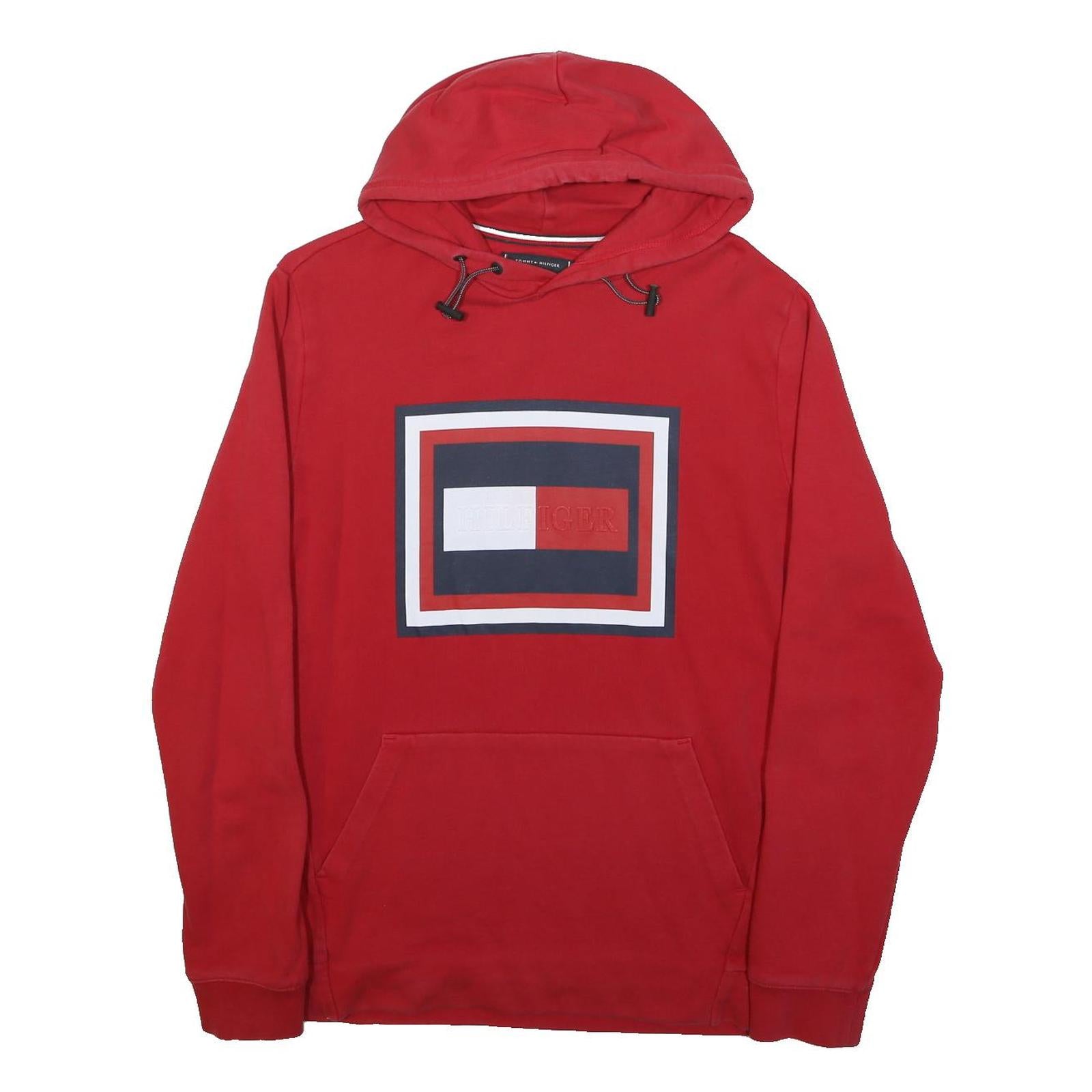 TOMMY HILFIGER Mens Red Cotton Blend Hoodie L Logo Patch Pullover Sweatshirt