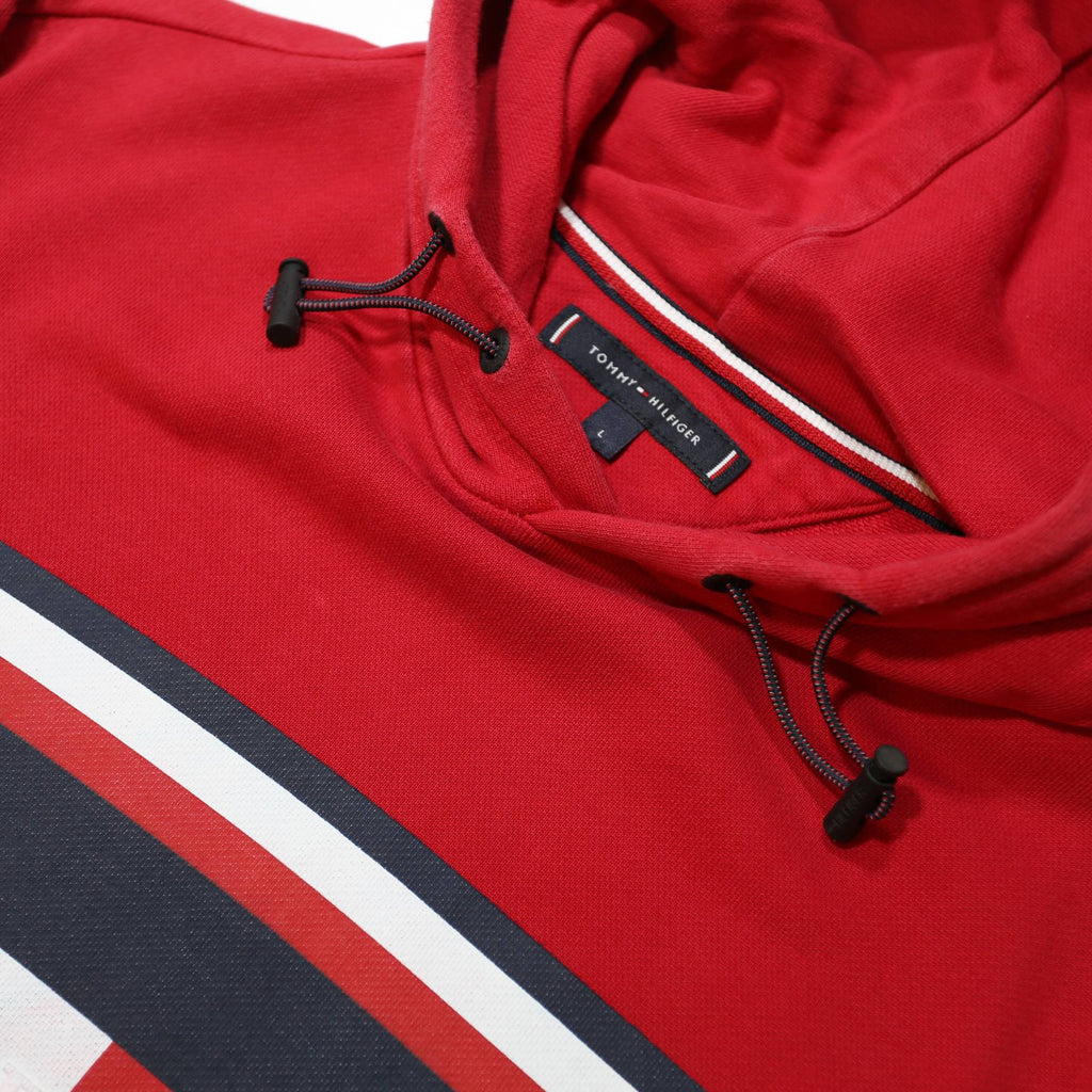 TOMMY HILFIGER Mens Red Cotton Blend Hoodie L Logo Patch Pullover Sweatshirt