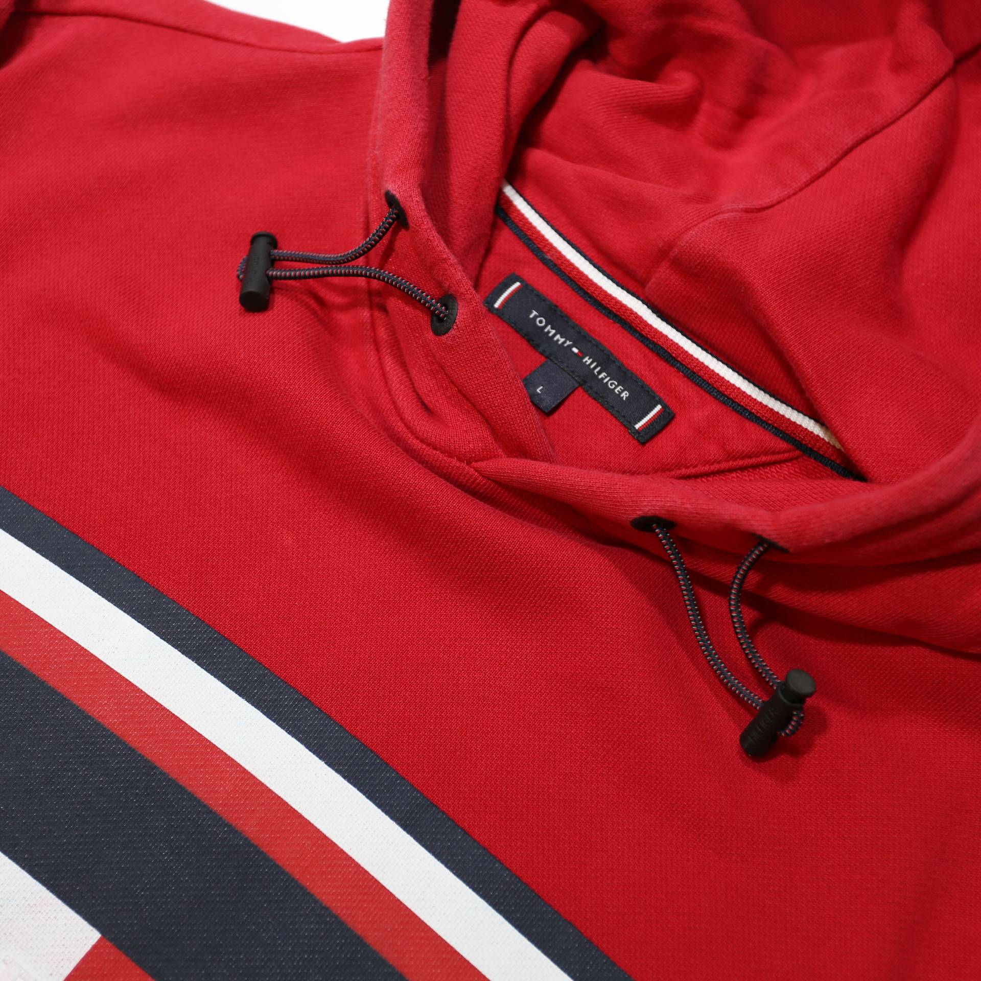 TOMMY HILFIGER Mens Red Cotton Blend Hoodie L Logo Patch Pullover Sweatshirt