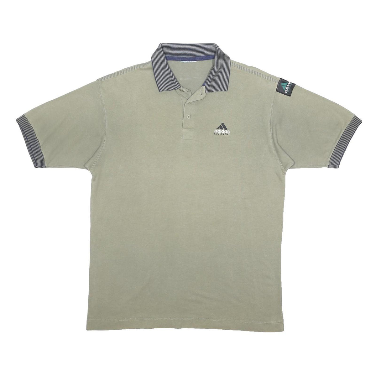 ADIDAS Mens Beige & Grey Basic Polo Shirt L Cotton Blend Stripe Collar Casual