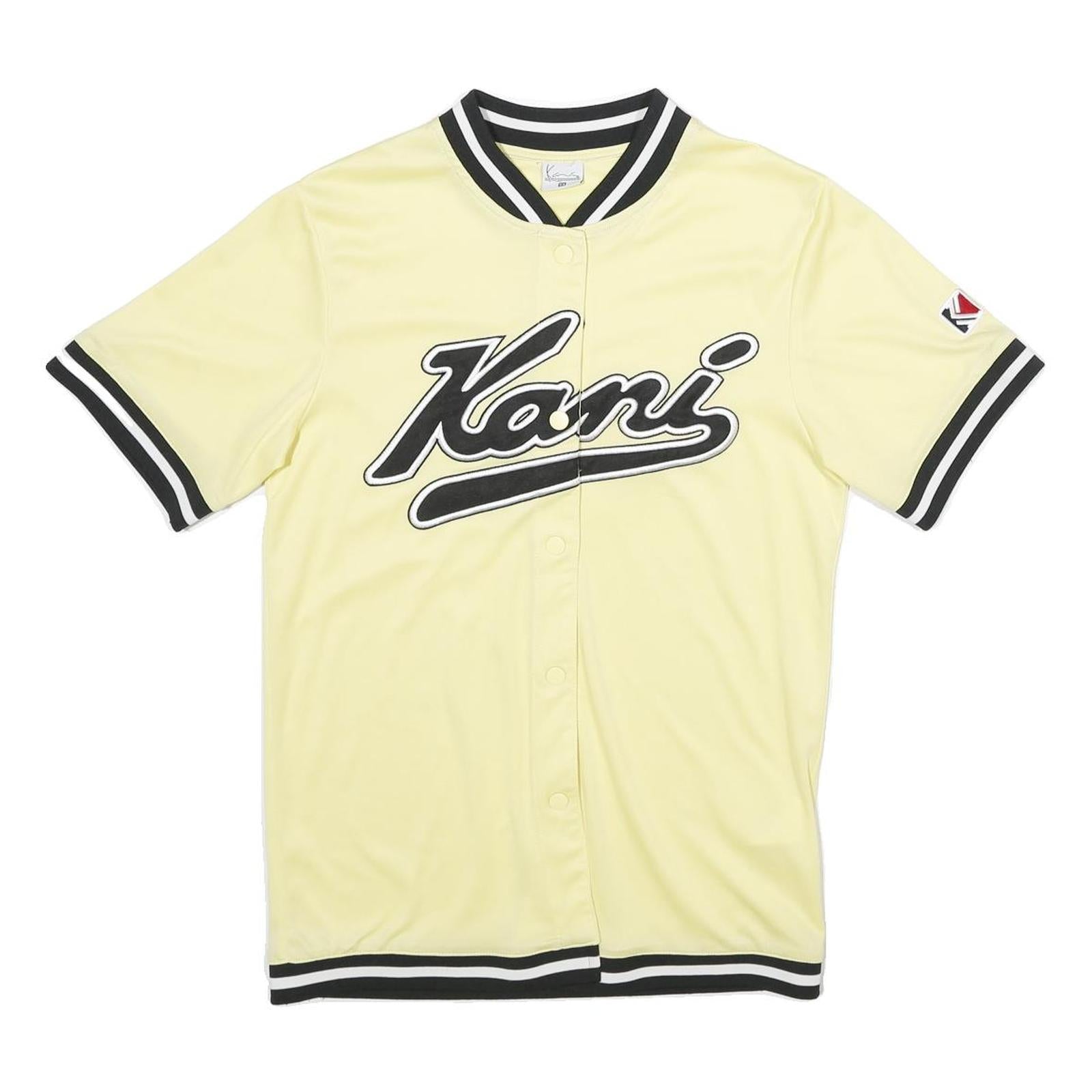 KARL KANI Mens Yellow Black Baseball Style XS Short Sleeve Crew Neck Kani Logo