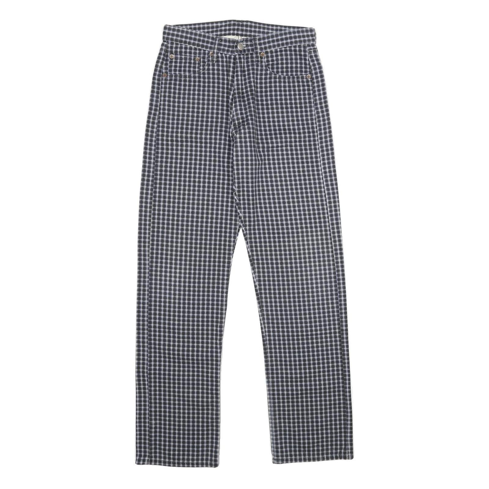 REPLAY Womens Regular Fit Blue Check Straight Leg Trousers W26 L30 Cotton Zip
