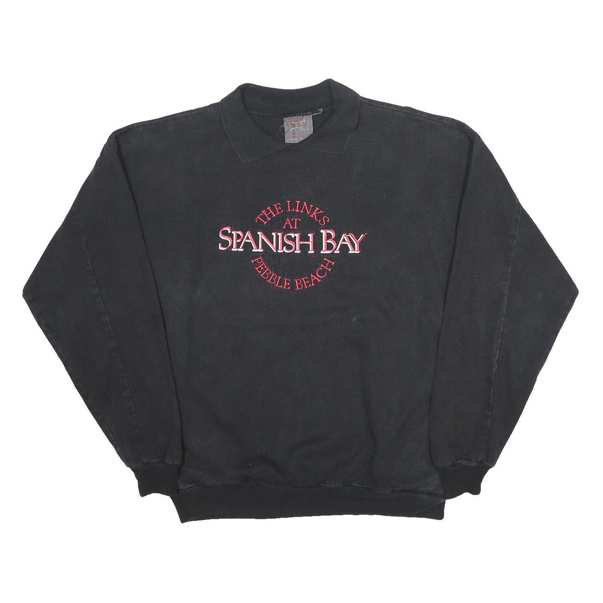 WEK Mens Black Denim Sweatshirt L Spanish Bay Embroidered Collar Pullover