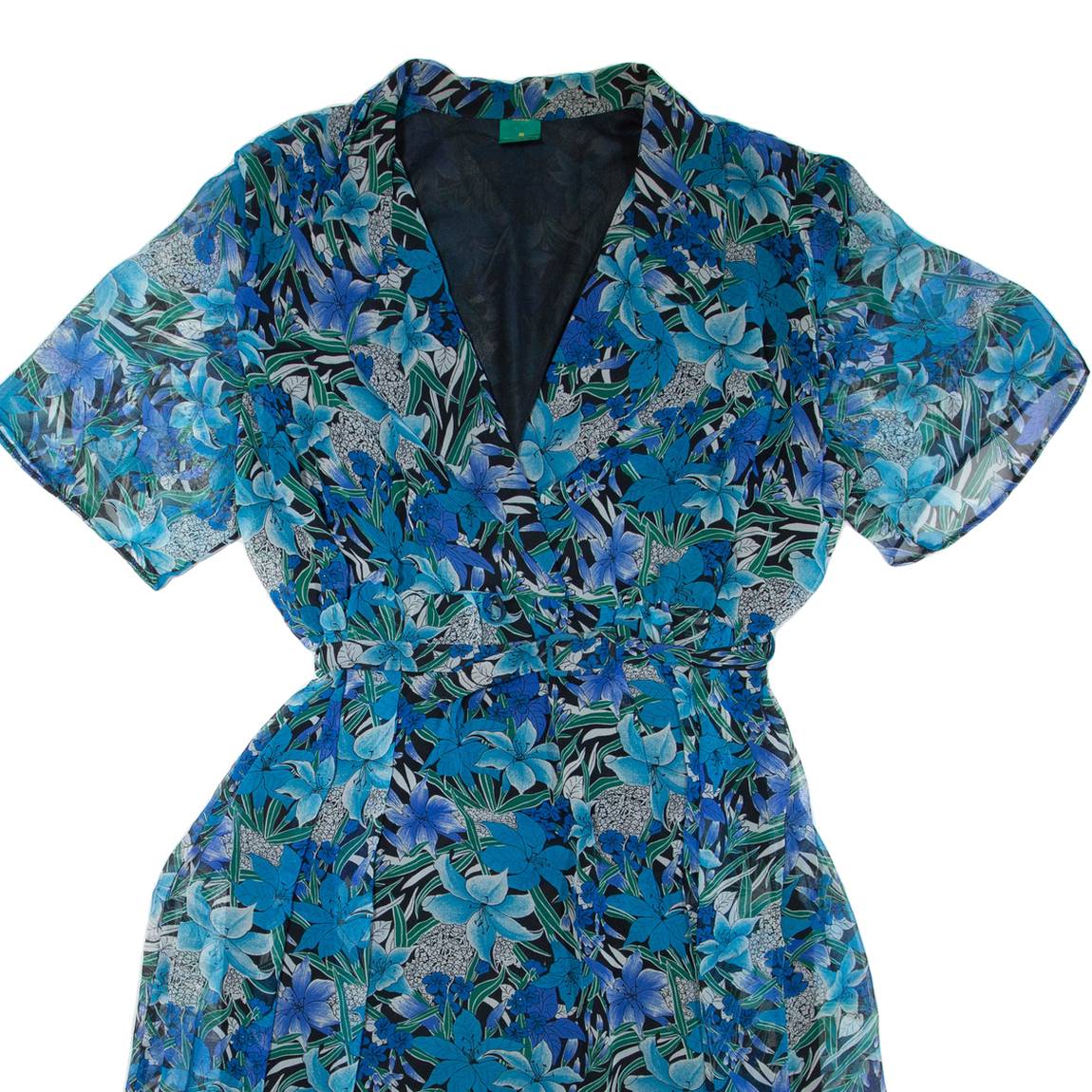 CANDA Womens Day Dress Blue Floral Short Sleeve Knee Length M
