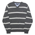 TOMMY HILFIGER Mens Grey & White Patterned Jumper V-Neck Basic Knit L Cotton