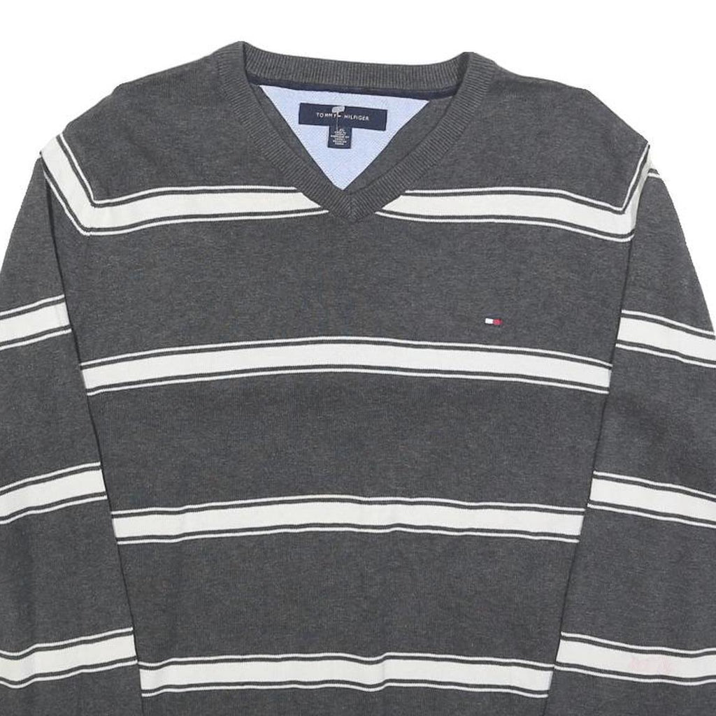 TOMMY HILFIGER Mens Grey & White Patterned Jumper V-Neck Basic Knit L Cotton