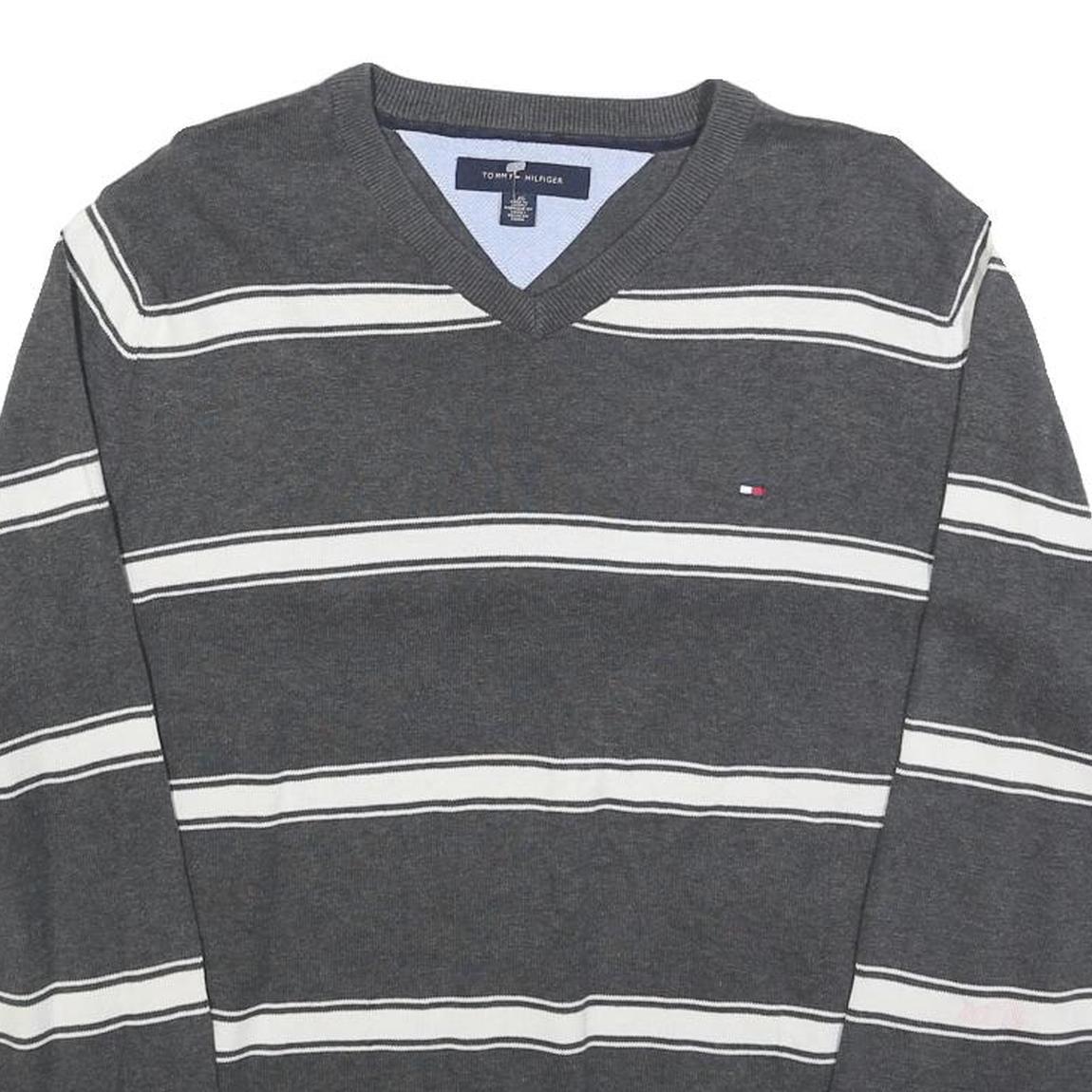 TOMMY HILFIGER Mens Grey & White Patterned Jumper V-Neck Basic Knit L Cotton