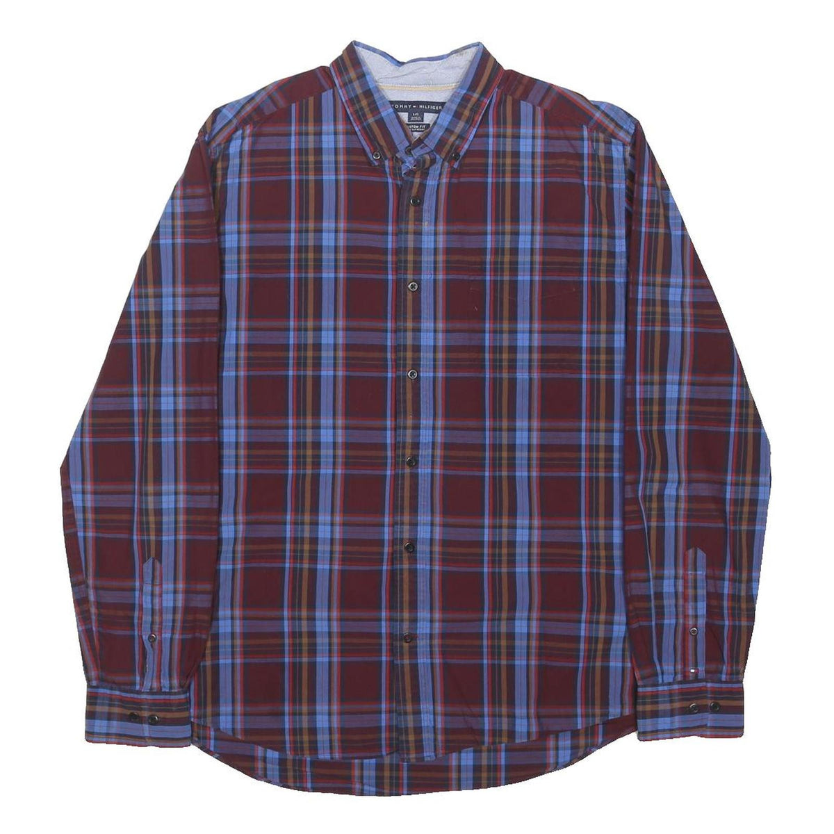 TOMMY HILFIGER Mens Red & Blue Checked Shirt L Button-Down Collar Long Sleeve