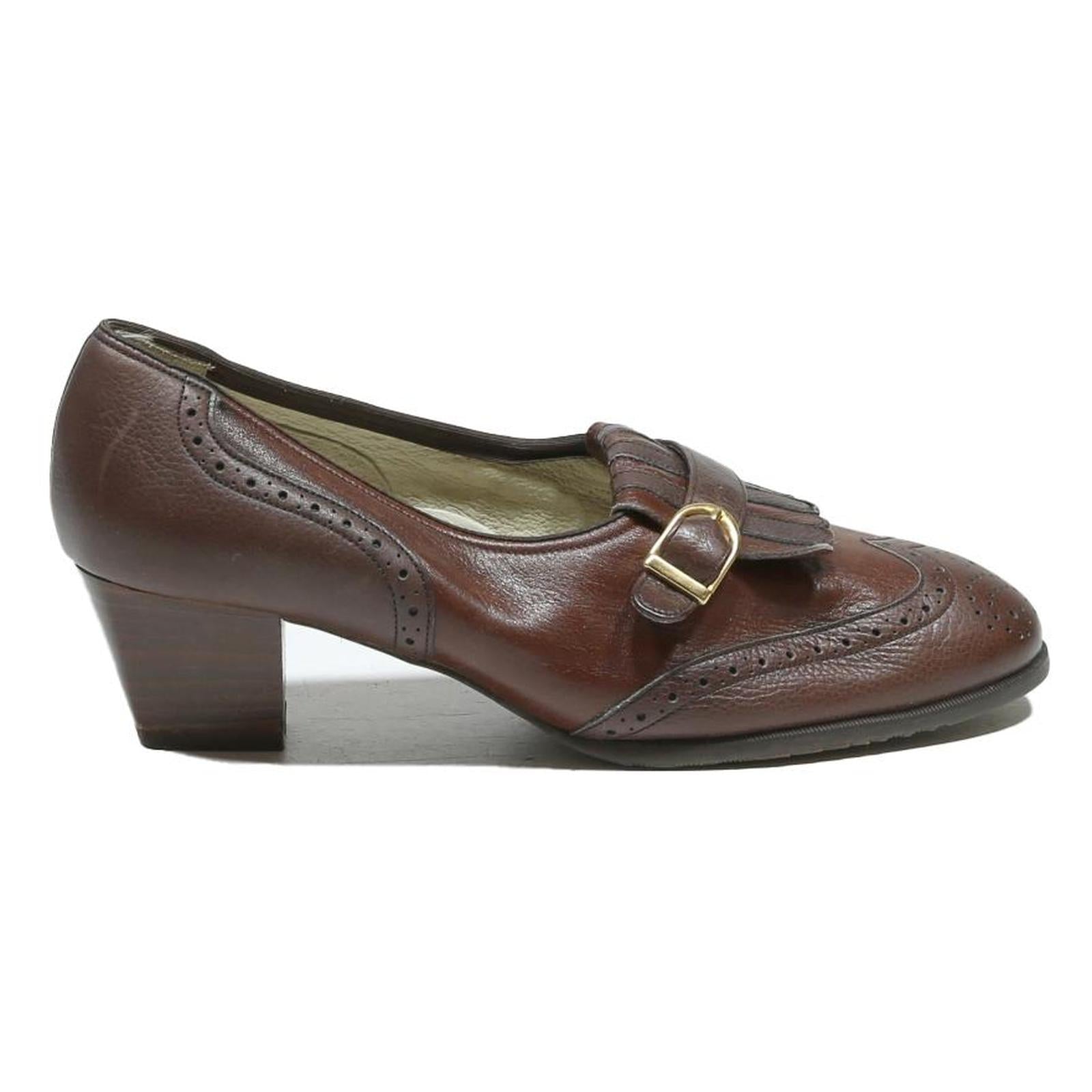 HASLEY Womens Brown Leather Buckle Mid Heel Shoes UK 4.5 Classic Formal