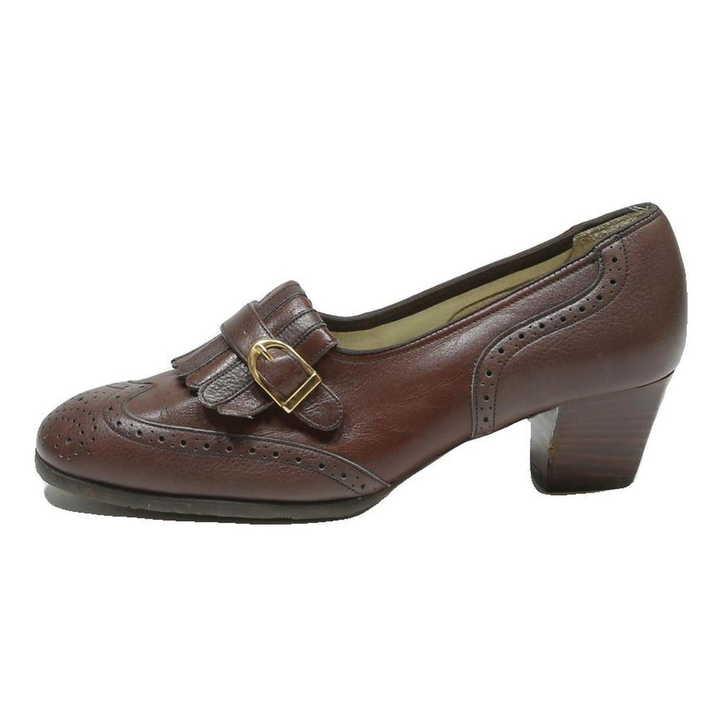 HASLEY Womens Brown Leather Buckle Mid Heel Shoes UK 4.5 Classic Formal