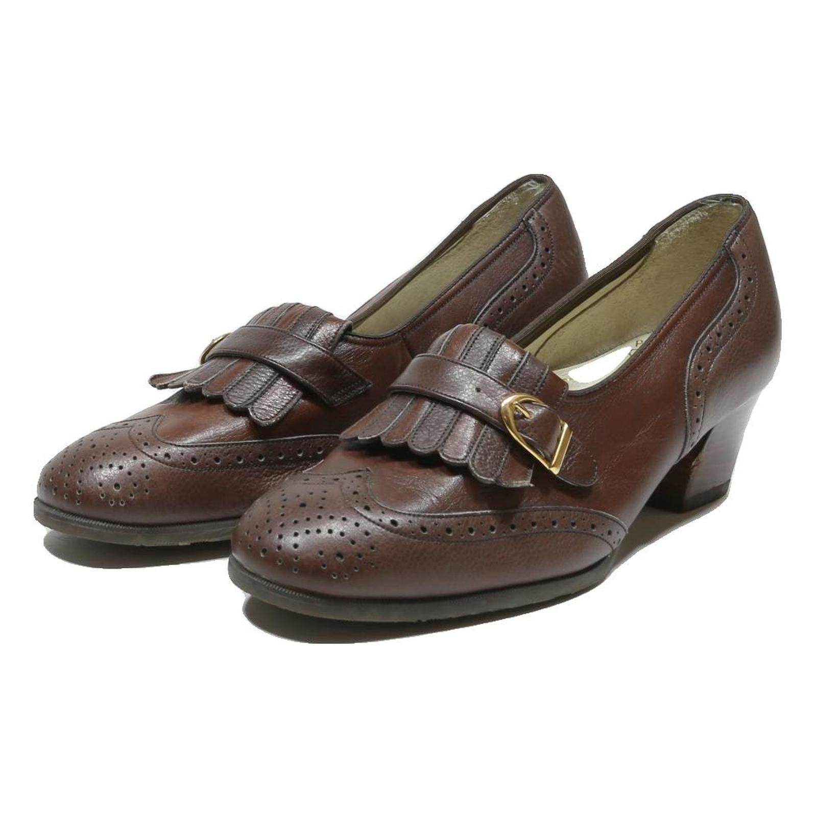 HASLEY Womens Brown Leather Buckle Mid Heel Shoes UK 4.5 Classic Formal