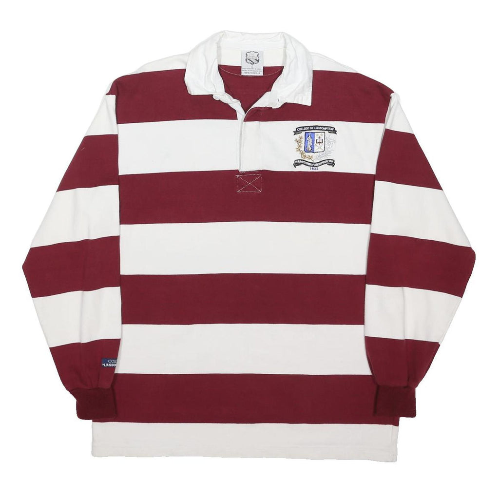 MAISON PLACENTE Mens White & Maroon Striped Long Sleeve Polo Shirt XL Rugby